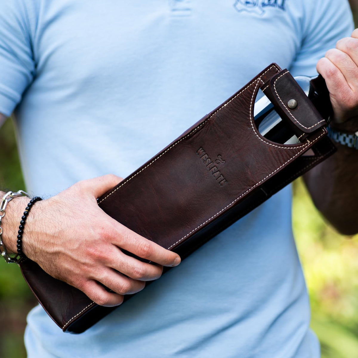 Leather Tote Wine Carrier Bag | Premium Quality Single Bottle Carry with Strong Handles, Full Grain Leather & Metal Buckle - Protective Carrier for Picnic, Wine Champagne Gift Bag in Burgundy