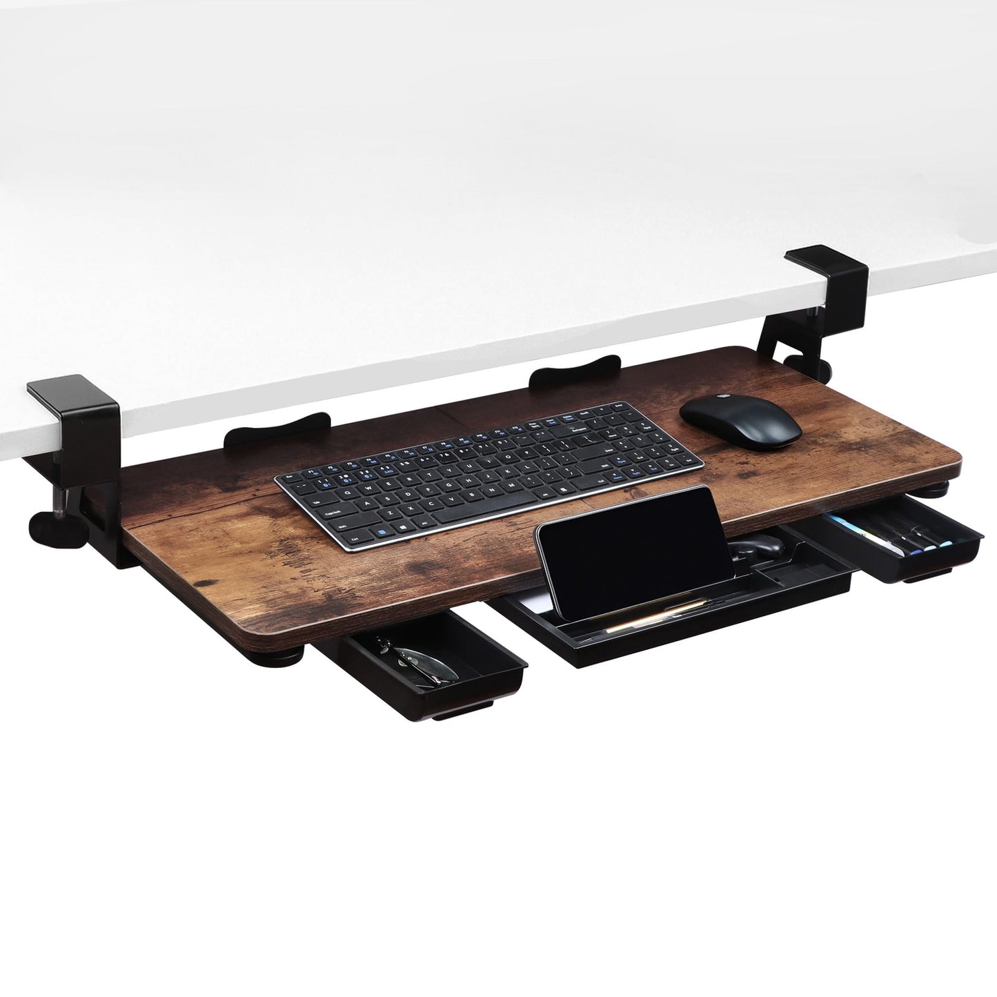 Large 26.77" Keyboard Tray Under Desk with Storage Drawer - Heavy Duty C-Clamp Mount, Ergonomic Computer Keyboard Stand for Home Office, Easy Install (Mahogany)