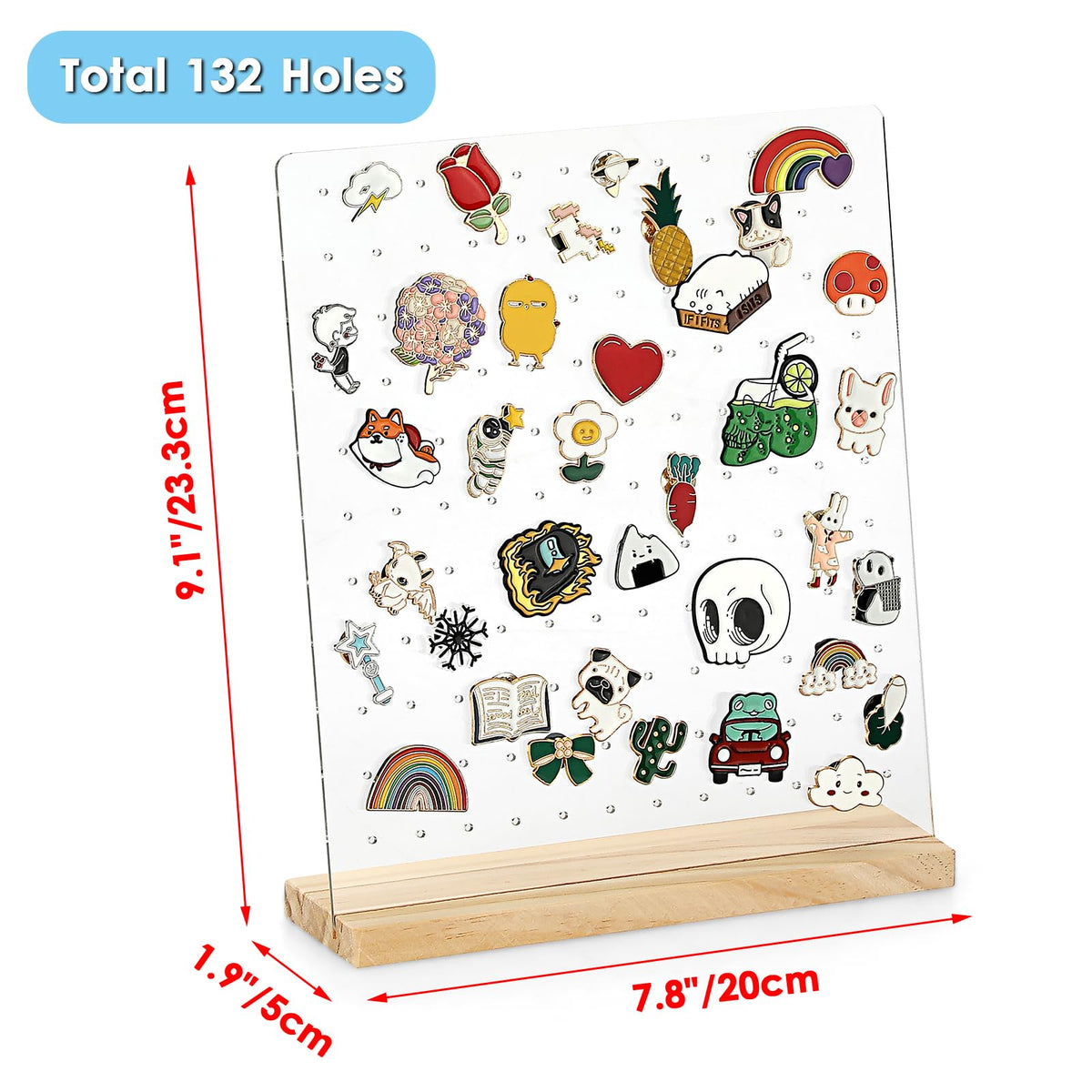 JUXYES Pack of 2 Clear Acrylic Enamel Pin Display Stand with Wooden Base. Tabletop Pin Organizer Display Storage Stand. Hold Up To 132 Pins