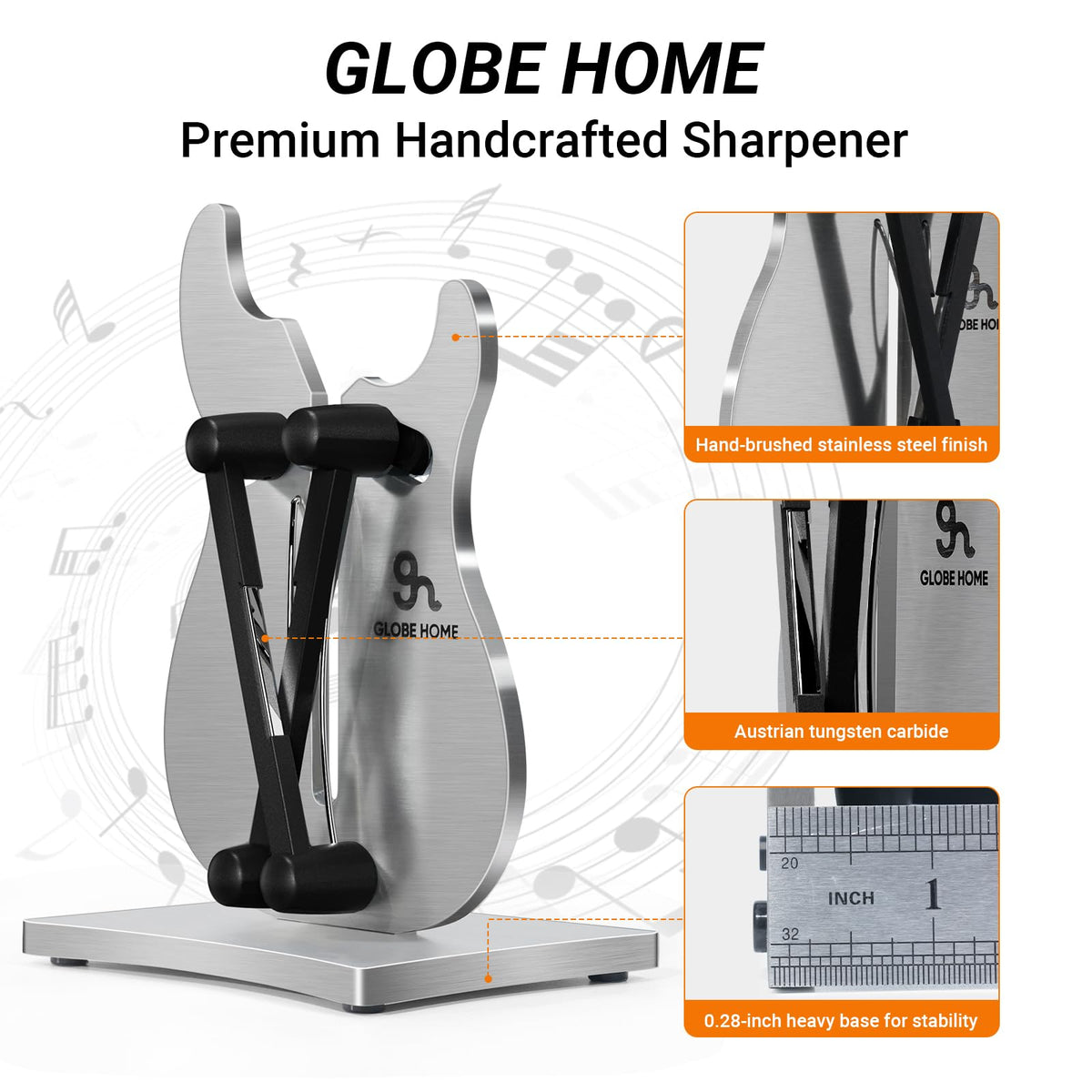GLOBEHOME Professional Knife Sharpener for Kitchen, 3-Action Blade Sharpener with Tungsten Carbide, Auto Adjustable Brushed Stainless Steel Manual Sharpener for Serrated, Beveled, Standard Blades