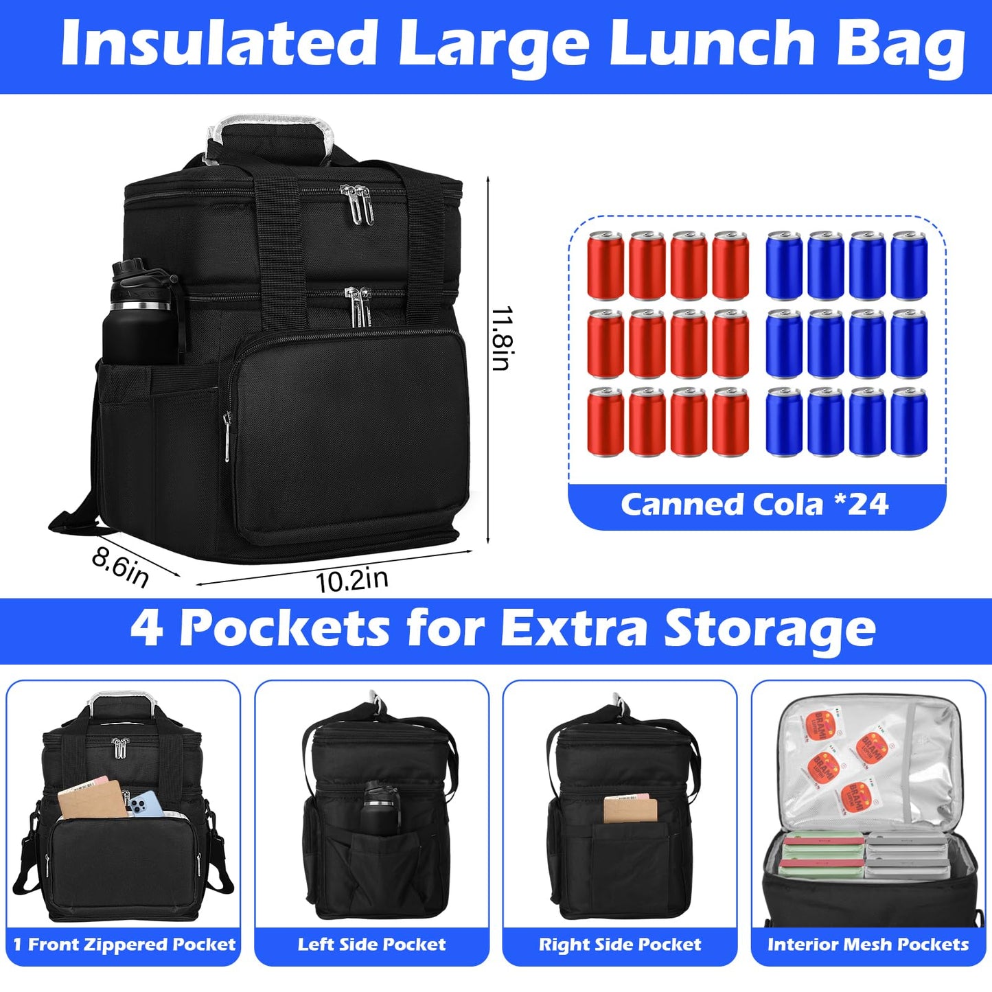 KALVATAY Insulated Lunch Bag, Lunch Box for Men, Double Deck Reusable Lunch Bag for Work Outdoor Picnic Day Trips - Heavy Duty Leakproof Cooler Bag Organizer for Adults(Black, 18L)
