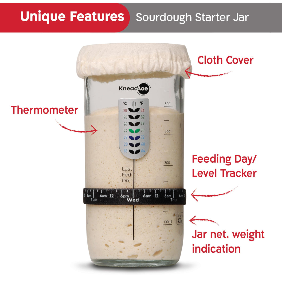 KNEADACE Sourdough Starter Jar With Date Marked Feeding Band, Thermometer, Sourdough Jar Scraper, Sourdough Container Sewn Cloth Cover & Metal Lid, Sourdough Starter Kit (2 Pack)