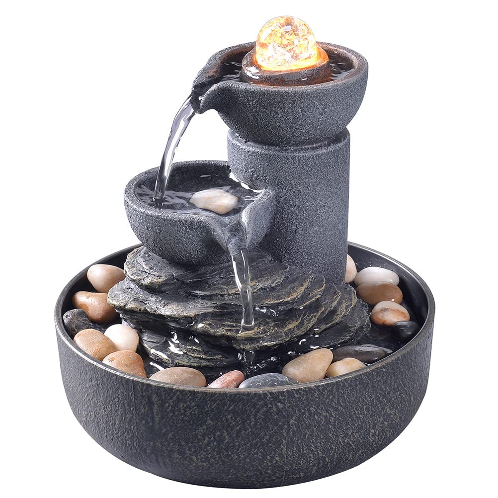 GOSSI Tabletop Water Fountain 2-Tier Indoor Waterfall Fountain with LED Light, Cobblestone & Glass Rolling Ball, Soothing Meditation Sounds for Office & Home Decor