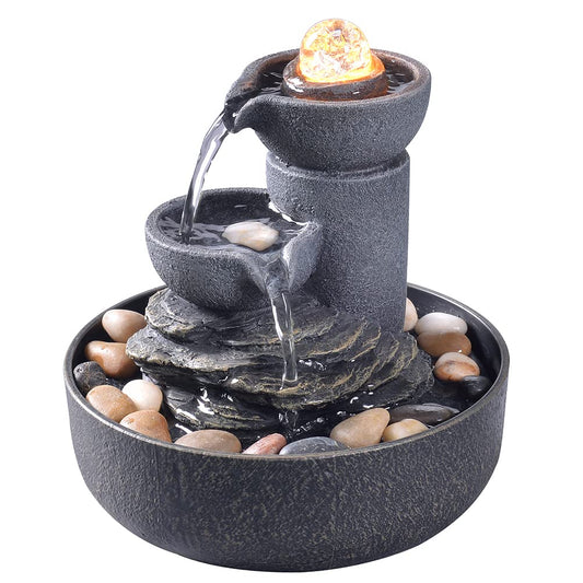 GOSSI Tabletop Water Fountain 2-Tier Indoor Waterfall Fountain with LED Light, Cobblestone & Glass Rolling Ball, Soothing Meditation Sounds for Office & Home Decor