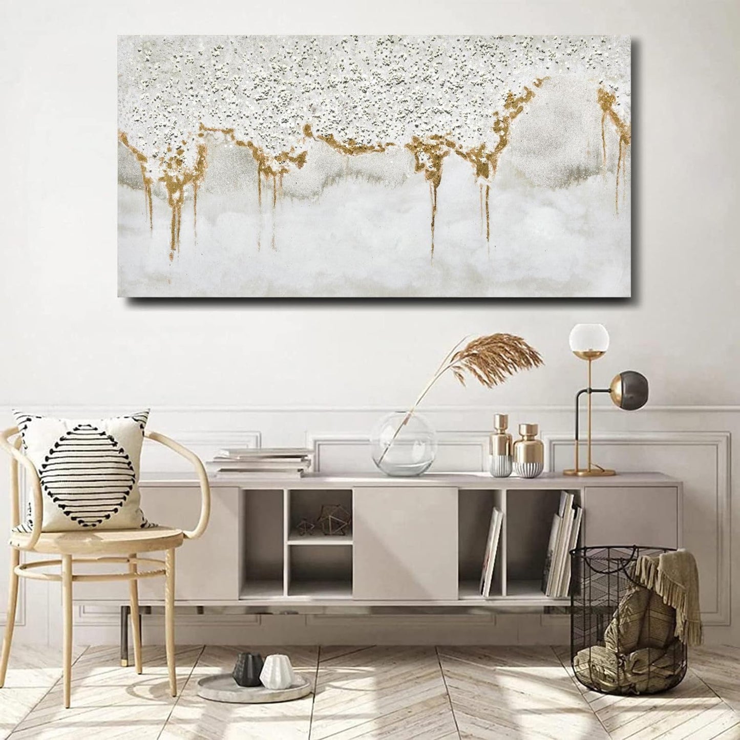 TRAIN2 ART Textured Abstract Glitter Artwork Canvas Wall Art, White Acrylic Painting and Gold Foil Oil Painting Wall Art on Canvas for Living Room Decor Gold and Gray (Gold, 24X48inch)