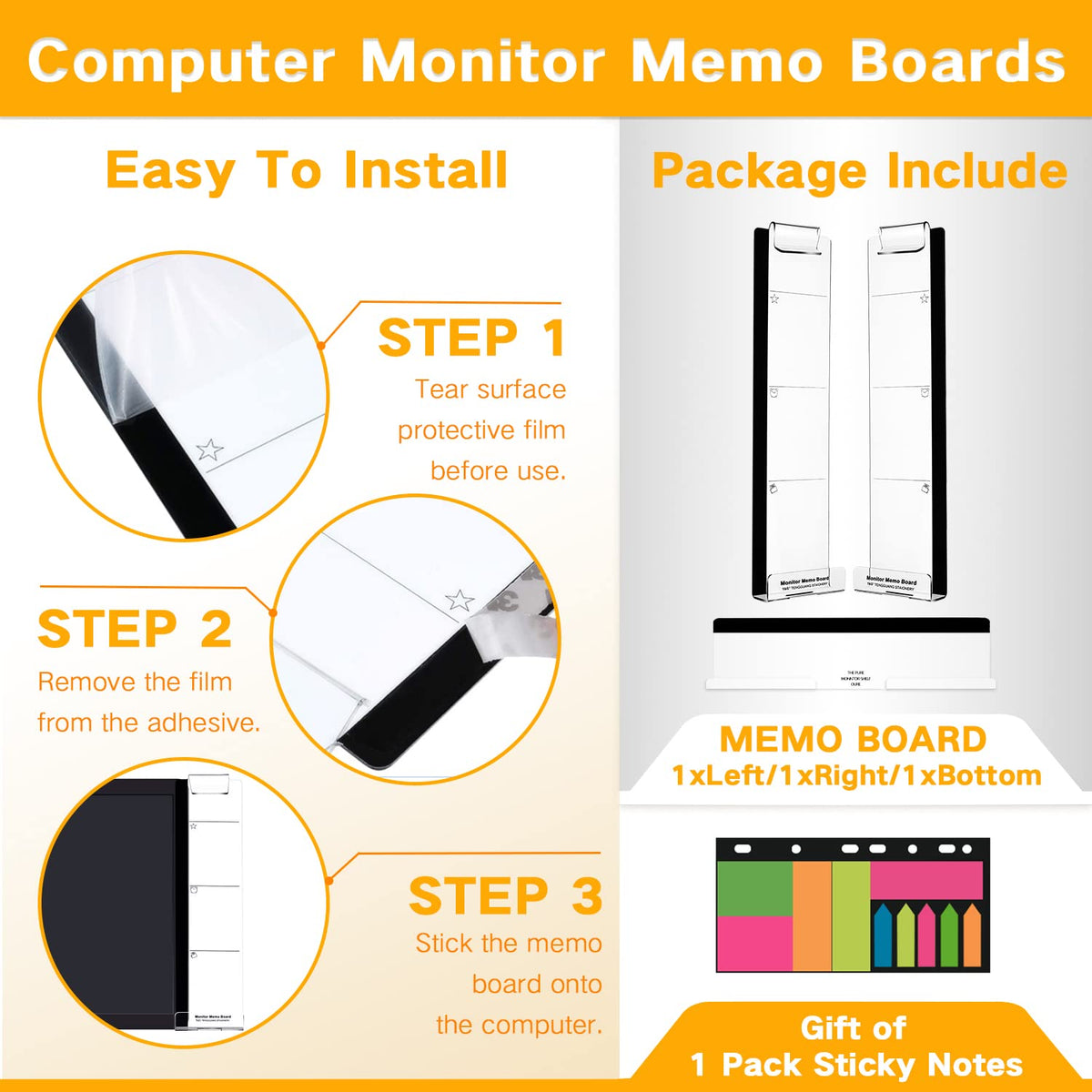 Monitor Memo Boards for Computer, Set of 3 (Left & Right & Bottom) Multifunction Acrylic Screen Message Reminder Pad Side Panels Phone Holder - Utility Organizer for Office Desktop, with Sticky Notes