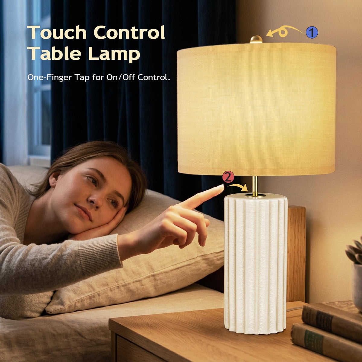 Lumspax 21" Modern Ceramic Table Lamp Set of 2 for Bedroom, Touch Control White Desk Lamps for Living Room, Farmhouse Bedside Lamps for Nightstand, End Table Lamps for Dorm Beige, Bulbs Not Included