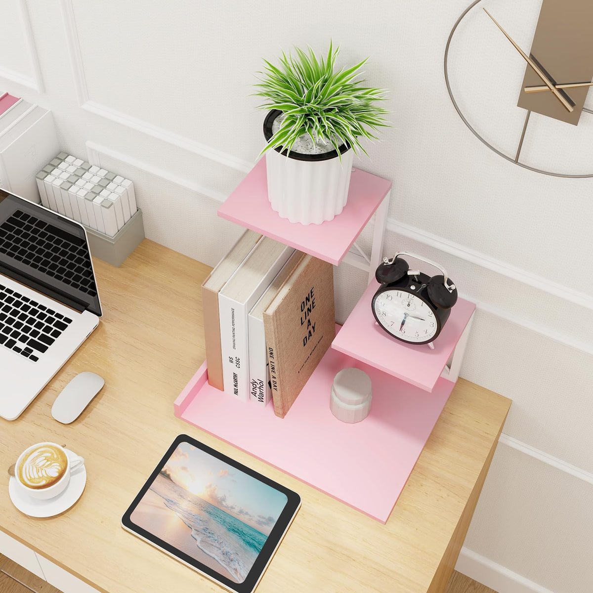 ELITEROO Desktop Shelf, Aesthetic Desk Organizer Table Top Mini Bookshelf, 3 Tier Wooden Desk Supplies Organizers and Storage Stand Cubicle Accessories for Women Office, Pink