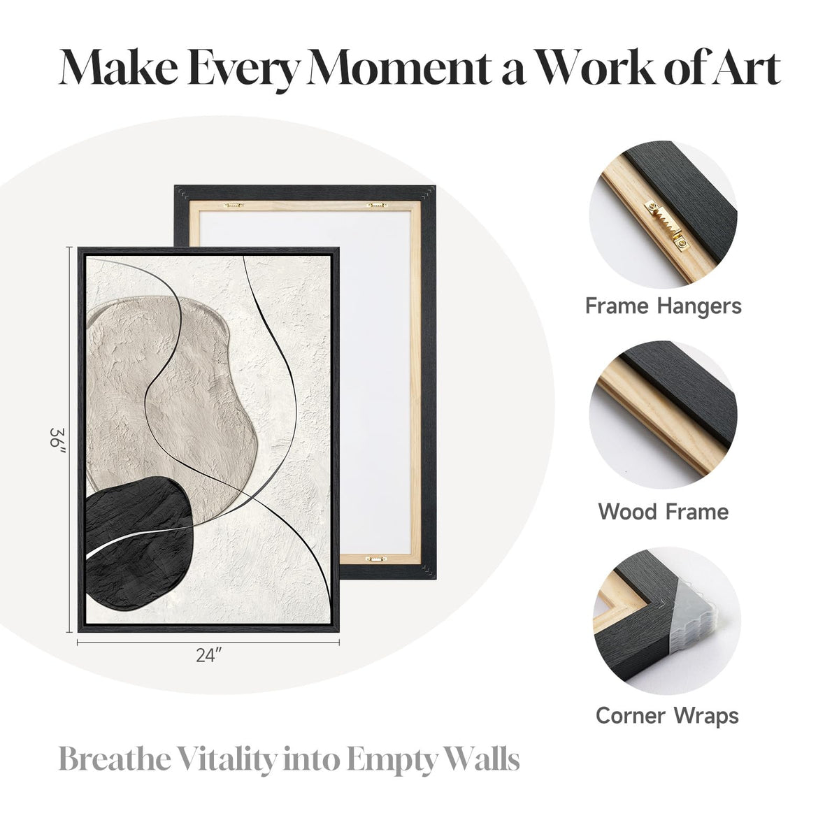 Framed Black and White Abstract Wall Art for Living Room, Large 3 Piece Neutral Minimalist Canvas Artworks, Modern Painting Prints for Dining Room Hallway Home Office Wall Decor, 24x36 In