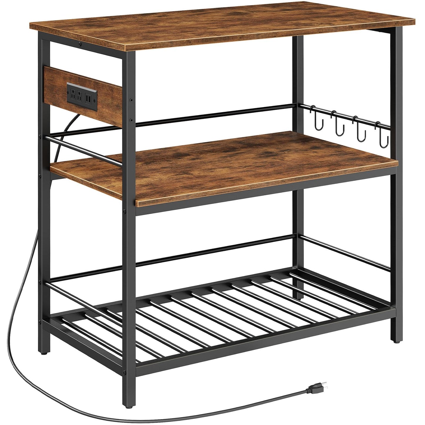 HOOBRO Kitchen Island with Storage, Kitchen Island Table with Power Outlet, 47.2" L 3 Tier Kitchen Counter and Microwave Stand, for Home, Kitchen and Dining Room, Rustic Brown and Black BF120UZD01