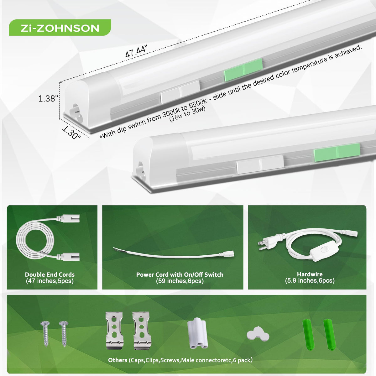 Zi-ZOHNSON 6 Pack Dimmable 4FT Led Shop Lights,30W T8 Integrated LED Light,3000-6500K Tunable with Switches 6CCT 6Watts,4500LM Frosted Cover,Linkable, Plug-in Shop Lights for Workshop,Garage,Basement