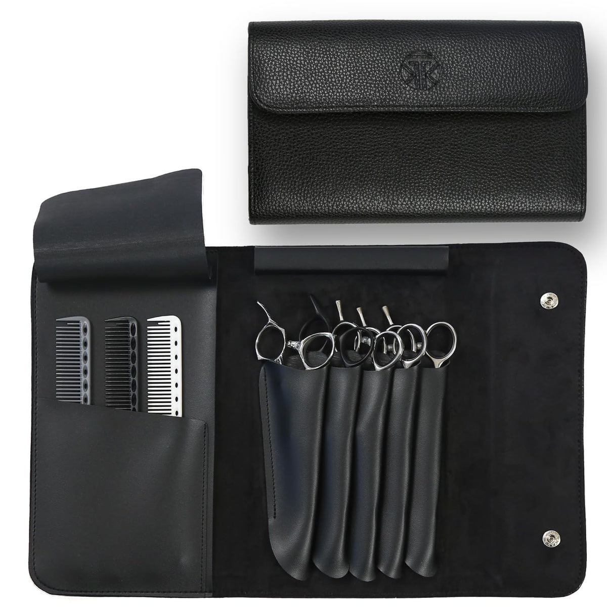 Tokko Katana Professional Shear Case – Black Textured Leatherette 5-Slot Holder for Hair Cutting Shears, Scissors & Combs – Snap Closure, Portable & Protective Folding Pouch for Stylists & Barbers