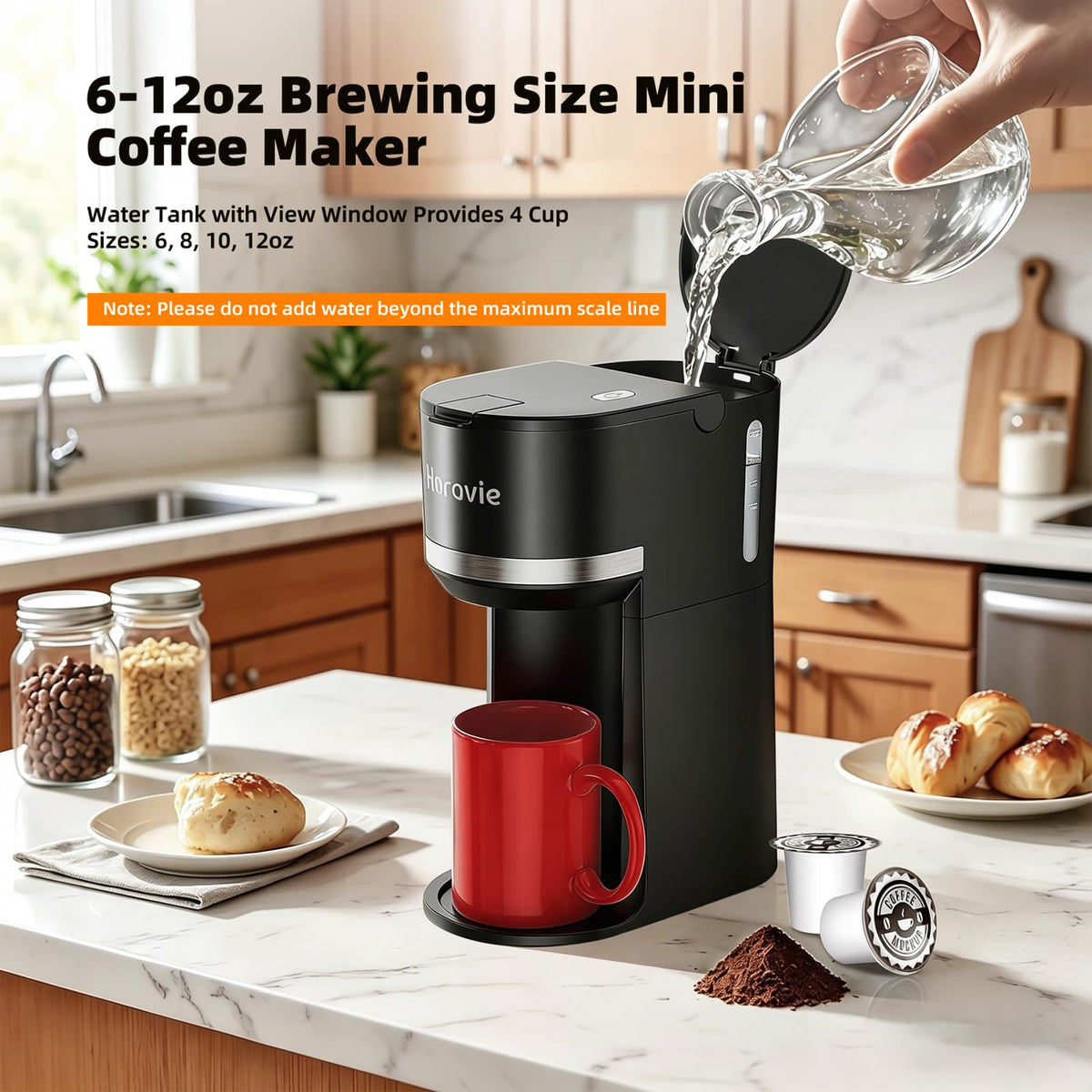 Horavie Small Single Serve Coffee Maker for K Cup and Grounds, Fast Brew One Cup Coffee Machine with One Button, 6 to 12 oz. Brew Sizes, Perfect for Home and Travel, Black