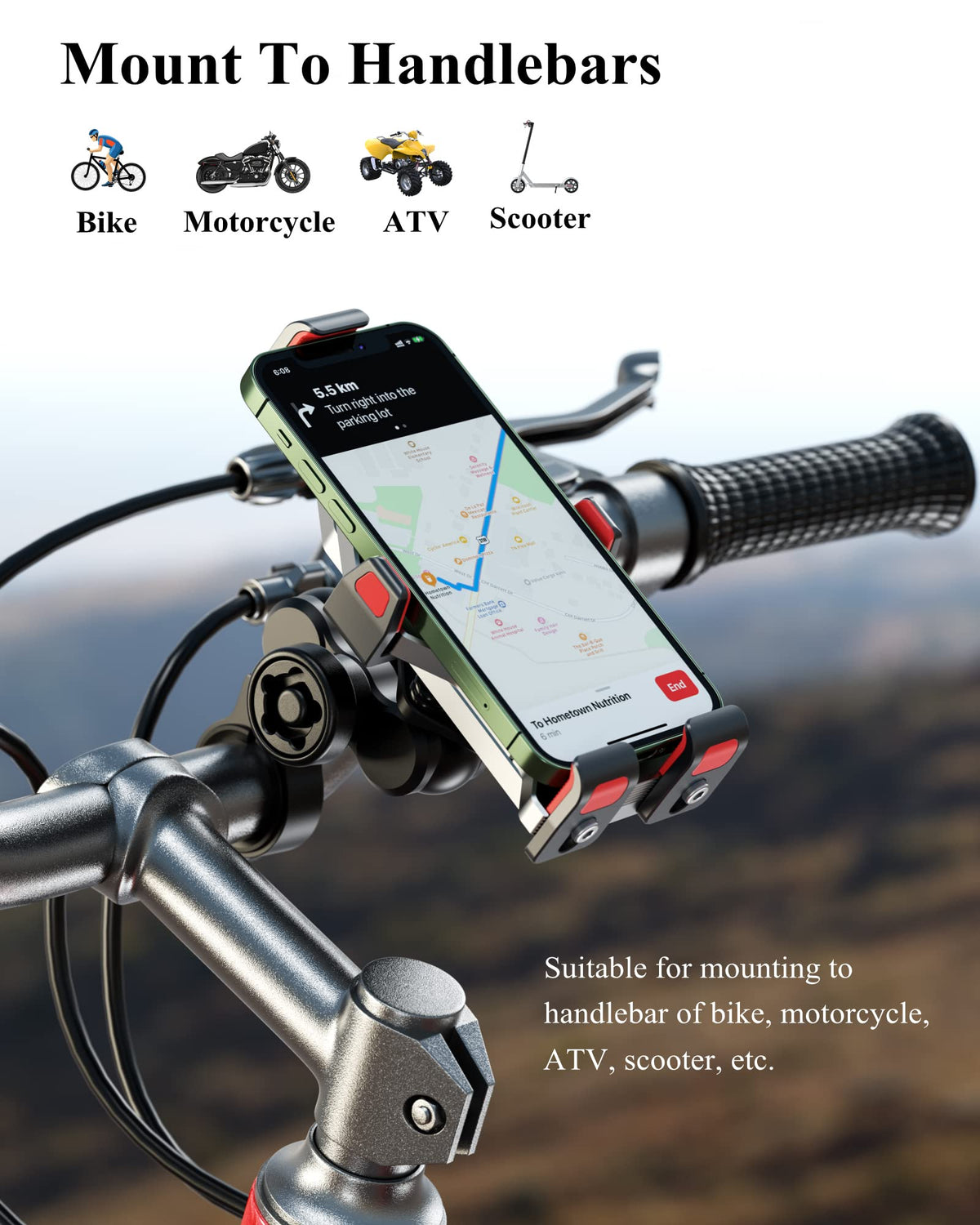 BRCOVAN Anti-Theft Aluminum Alloy Motorcycle Phone Mount with Vibration Dampener & Secure Lock, Adjustable Motorcycle Handlebar Cellphone Holder for Bike Bicycle Scooter ATV, Fit 4.7-7.2'' Smartphone