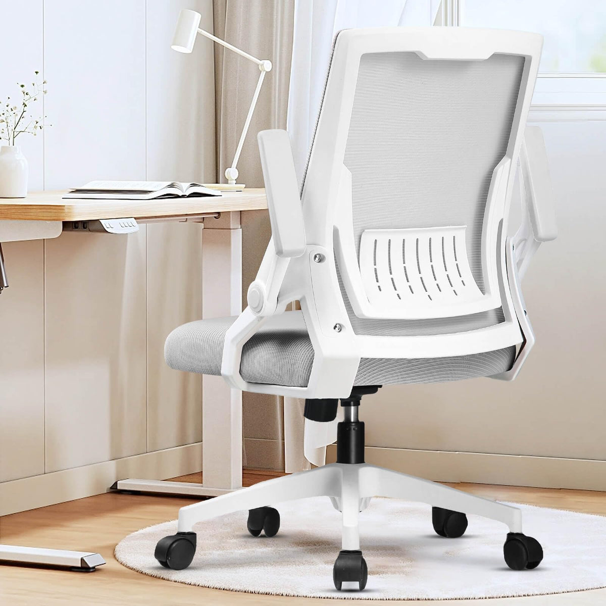 GTPLAYER Ergonomic Office Chair with Flip-up Armrests Executive Computer Chair for Home Office, Breathable Mesh & Comfy Lumbar Support, Moon Gray