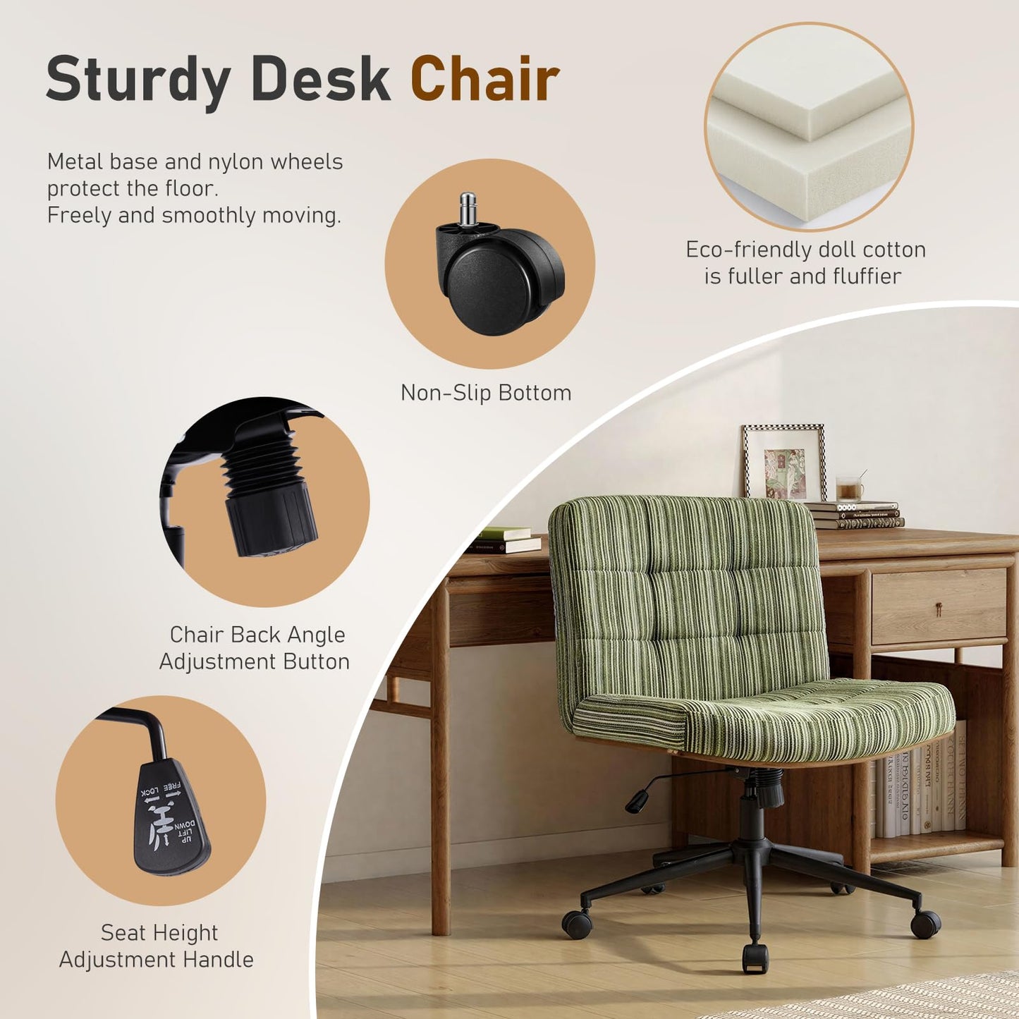 Furnimart Heavy-Duty Curved FSC Wood Desk Chair 360° Swivel,Premium Chenille Criss Cross Chair with Wheels Wide Seat, Comfy Armless Cross Legged Sitting for Bedroom, Office, Vanity(Green)