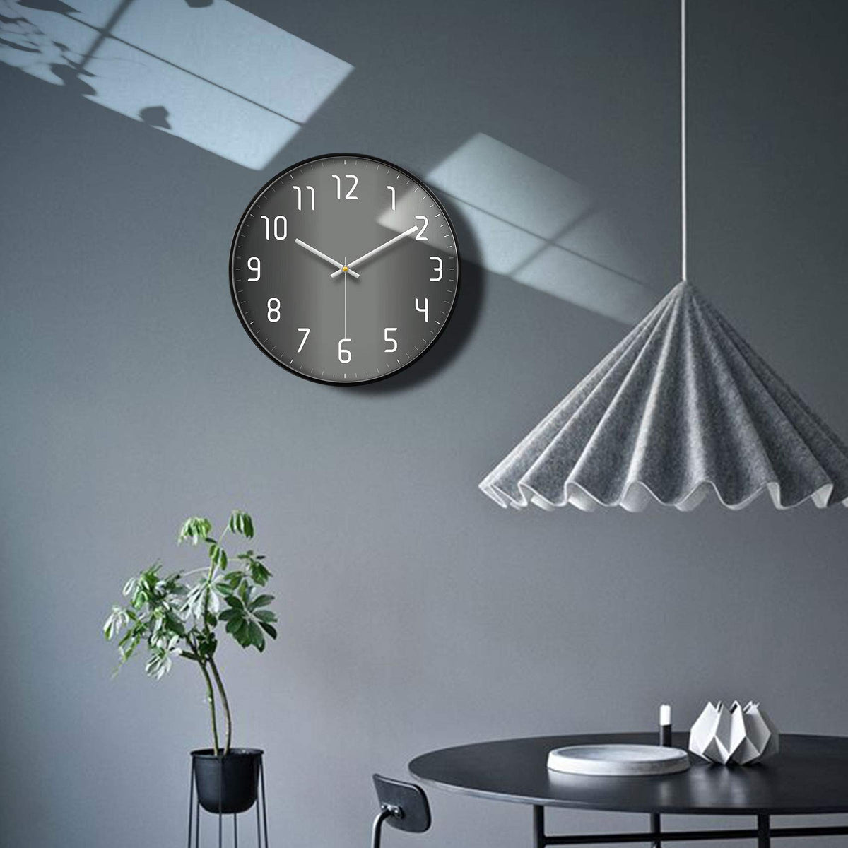 SCOAGE 12'' Modern Minimalist Black & Grey Wall Clock, Silent Non-Ticking Battery Operated Analog Clock with Easy to Read Large Numbers for Home Office, Bedroom, Kitchen, Living Room Decor