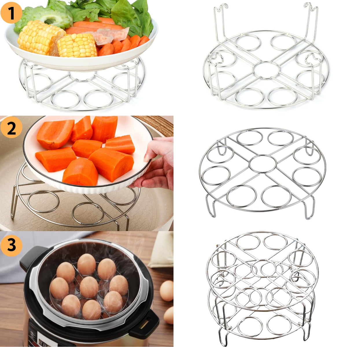 2 Pack Egg Steamer Rack, Instant Pot Egg Rack, Stainless Steel Trivet for 8 Quart Pressure Cooker, Stackable Insert for Instant Pot Accessories for Cooks 18 Eggs, Fits 6qt & 8qt Pressure Cookers