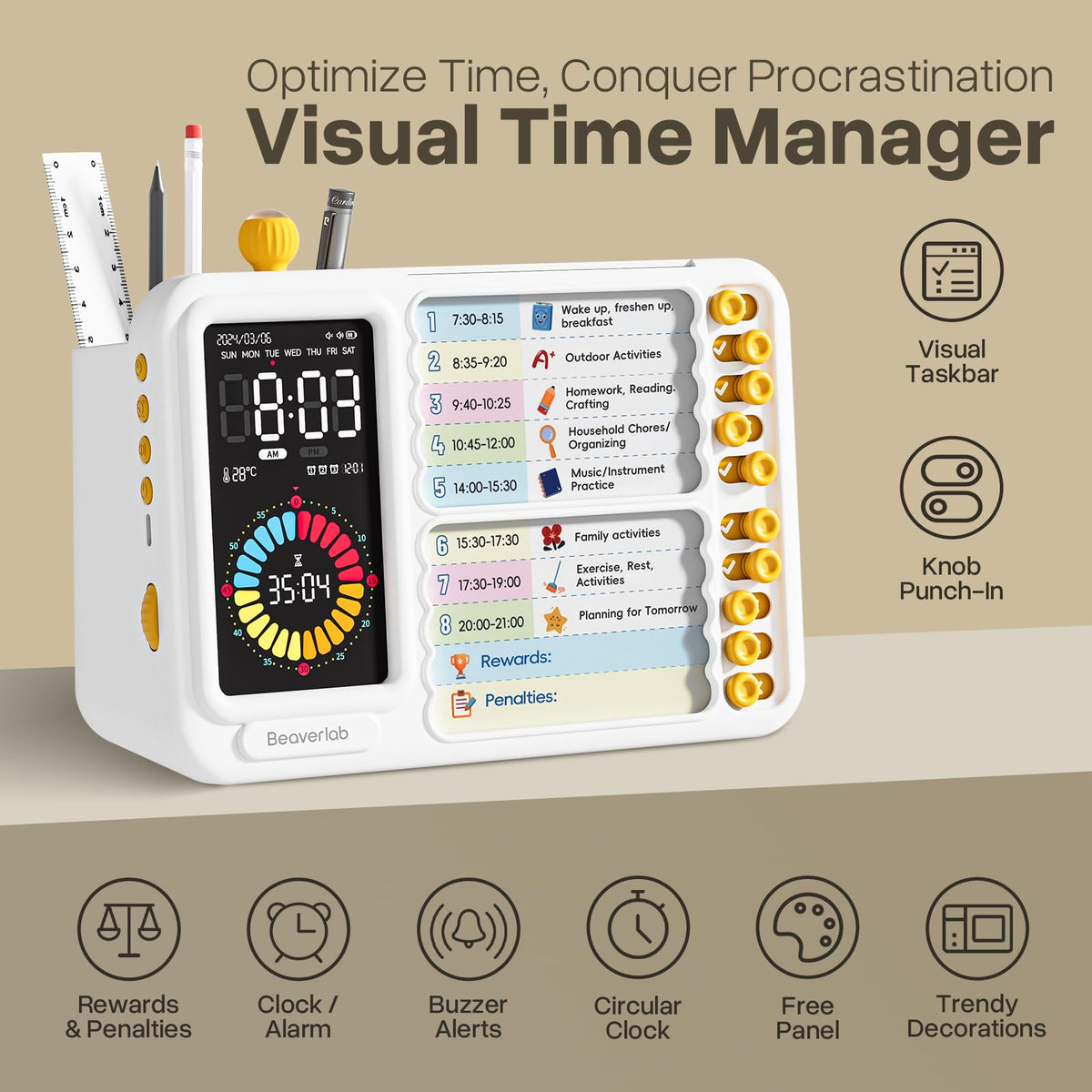 Visual Timer for Kids with 99 Minute Countdown, ADHD Timer with Planning Board, Daily Chore Board-Checklist for Autism, Silence Timer for Students