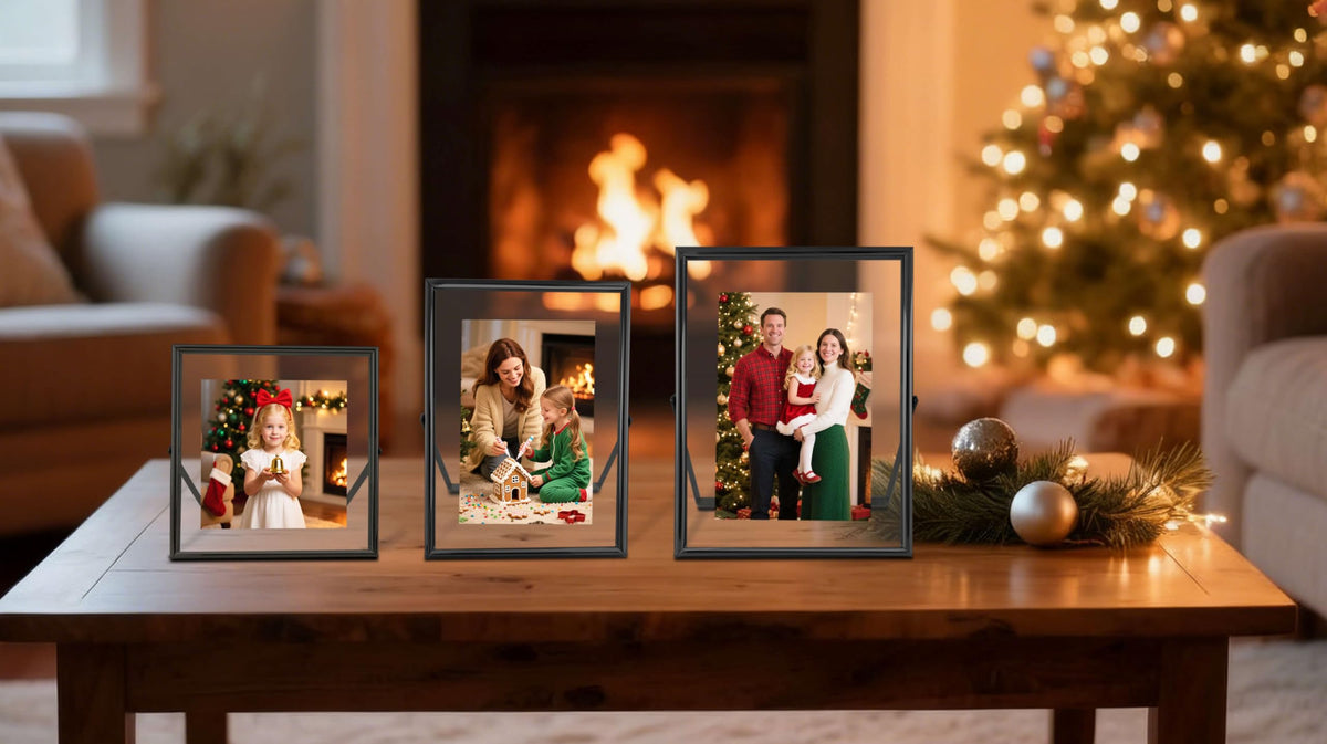 CROXXID Black Floating Picture Frames - Set of 3, for Photo Size 4×4, 4×6, 5×7, Vertical Tabletop Display, Double Glass Metal Frame for Wedding, Home or Office Desk Decoration (Black)