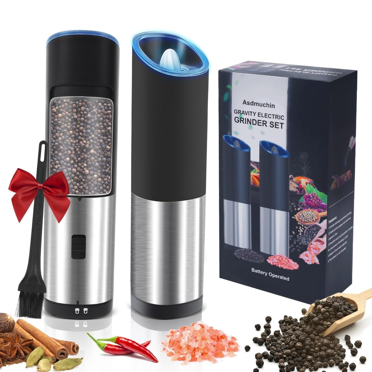Asdmuchin Gravity Electric Salt and Pepper Grinder Set with Adjustable Coarseness, Large Capacity, Stainless Steel, Portable, Not Easily Knocked Over, Kitchen Utensils Gadgets for Dining Home Gift
