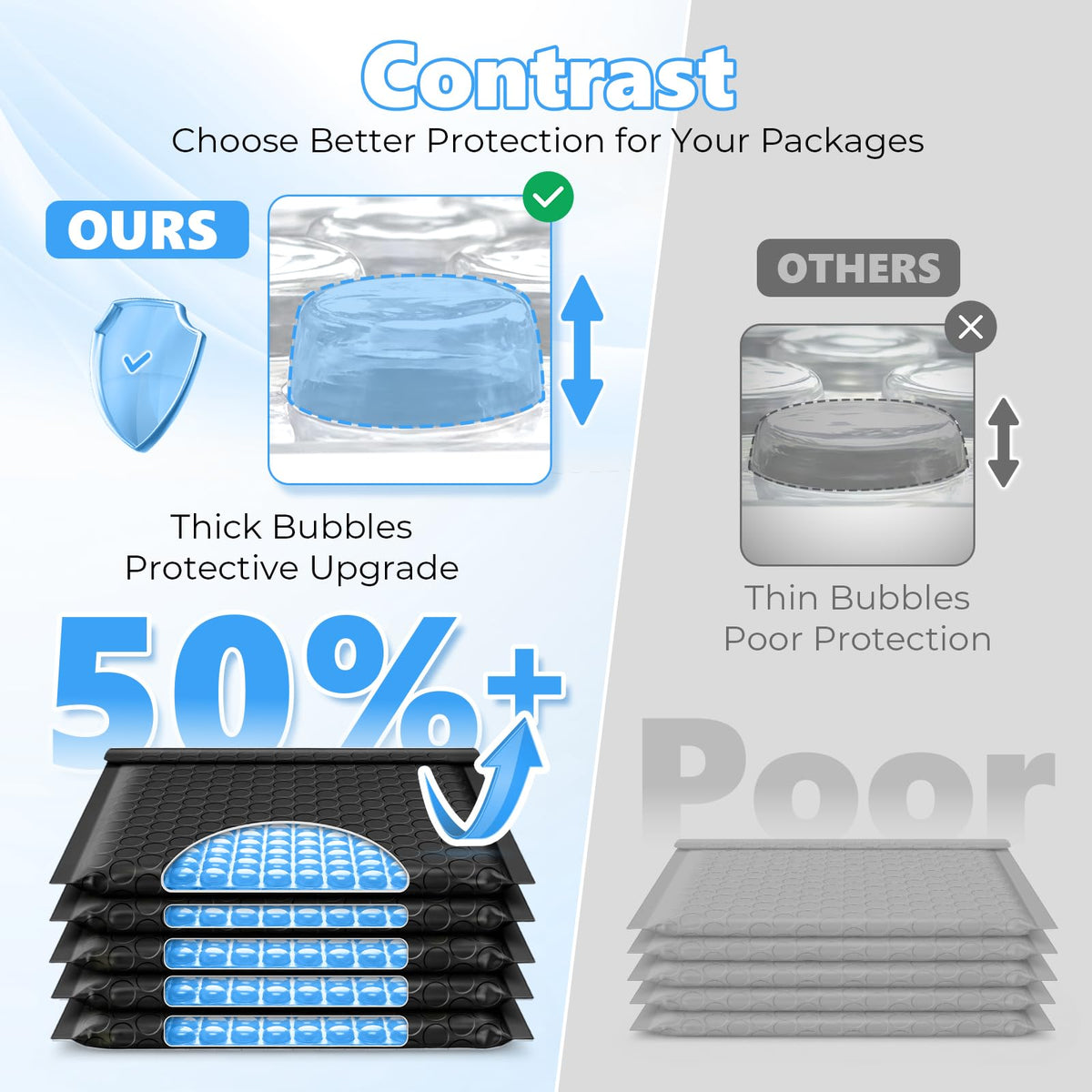 Metronic Extra Deep Bubble Mailers Usable Size 4x7" 50 Pack Padded Envelopes 4.76x8" Self Seal Adhesive Waterproof bubble envelopes Shipping Bag for Sports Cards,Jewelry,Small Business,Black,#000