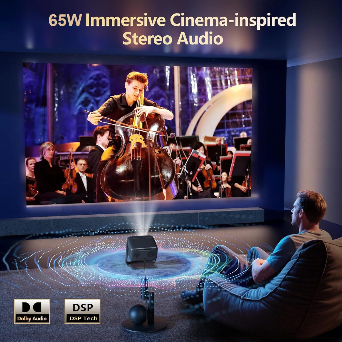 [3500 ANSI/ Official Apps/65W Audio] Outdoor 4K Projector with WiFi and Bluetooth, Auto Focus, Auto Keystone Smart Projector Support DoIby Audio, 2026 Upgrade GO2 Short Throw Projector with 360°Stand