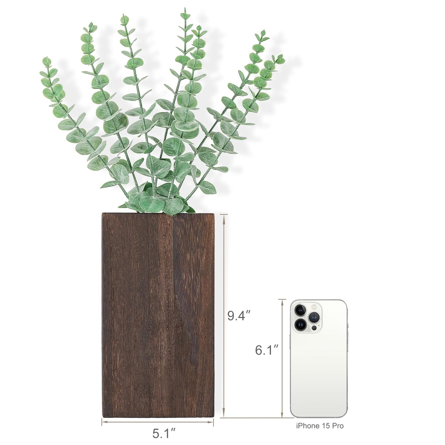 Dahey 2 Pack Wood Wall Planter Vase with Artificial Eucalyptus Farmhouse Wall Hanging Decor Pocket Planter for Indoor Fake Plants Greenery, Living Room Bedroom Kitchen Home Office Decoration