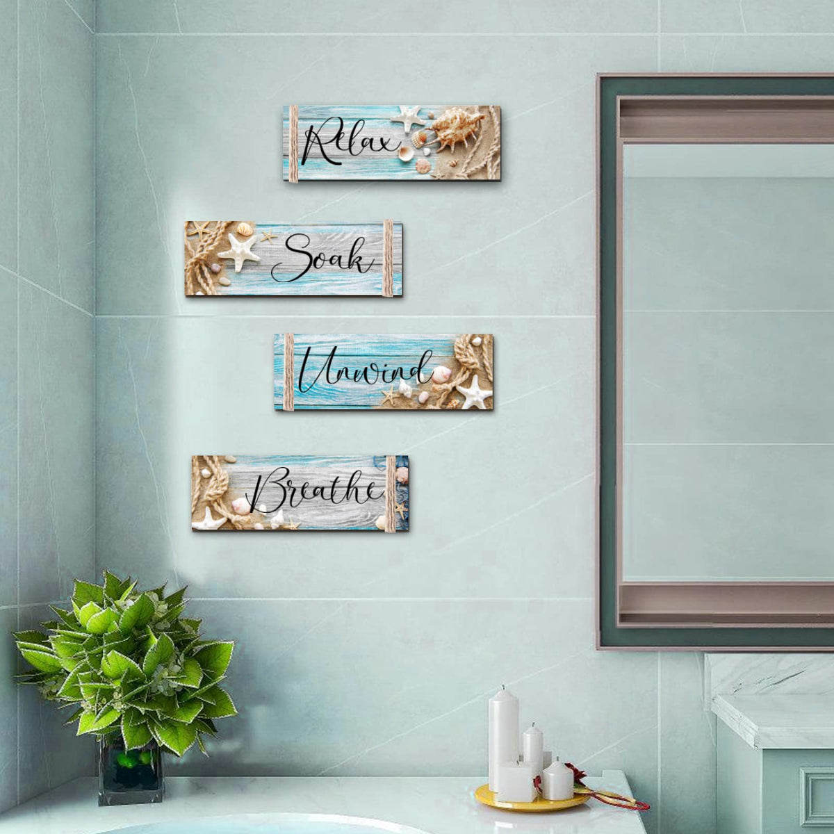POILKMNI 4 PCS Ocean Beach Wood Relax Soak Unwind Breathe Art Sign Hanging Wooden for Decor Living Room Laundry Spa Washroom