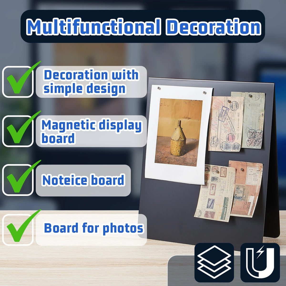 Leinuosen 1 Pcs 12 x 10 Inch Magnetic Bulletin Board Metal Magnet Board Magnet Display Stand for Tabletop Desktop Home Kitchen Office Decor (Black)