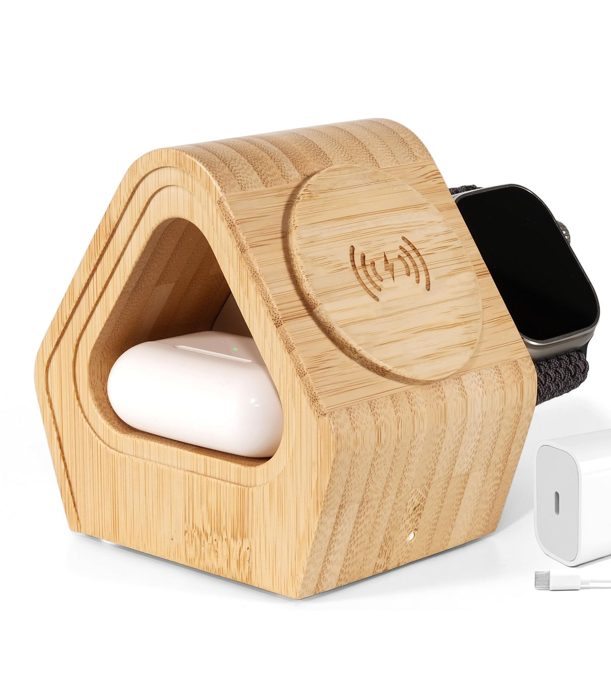 Bamboo Wireless Charging Station for Apple: 3-in-1 Charger Stand with Cabin Style for iPhone 17 16 15 14 13 12 Series,Watch 11-2, SE, Ultra, and AirPods 4-2, Pro, MagSafe Wireless Charger(20W Adapter)