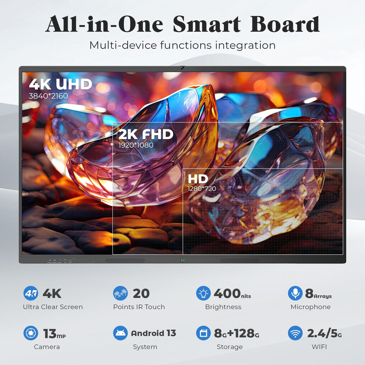 JASZDOT 55'' Smart Board, 4K UHD Interactive Touchscreen Whiteboard, Android13 8+128GB Wireless Smartboard for Classroom Home Office Studio