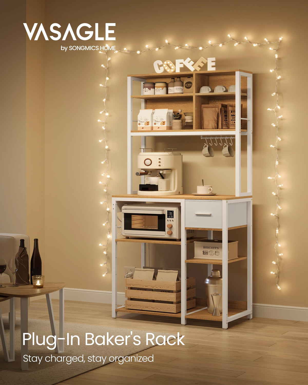 VASAGLE Bakers Rack with Charging Station, Coffee Bar, 15.7 x 31.5 x 71 Inches, Kitchen Microwave Stand, Adjustable Storage Shelves, Fabric Drawer, 12 Hooks, Golden Oak and Cloud White UKKS015Y03