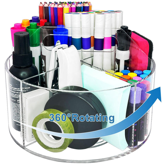 GHANJU Acrylic Rotating Pen Holder for Desk, 360 Degree Clear Pencil Holder Crayon Organizers for Kids, 6 Compartments Marker Organizer for Office, Art Supply Storage Organizer for School Home