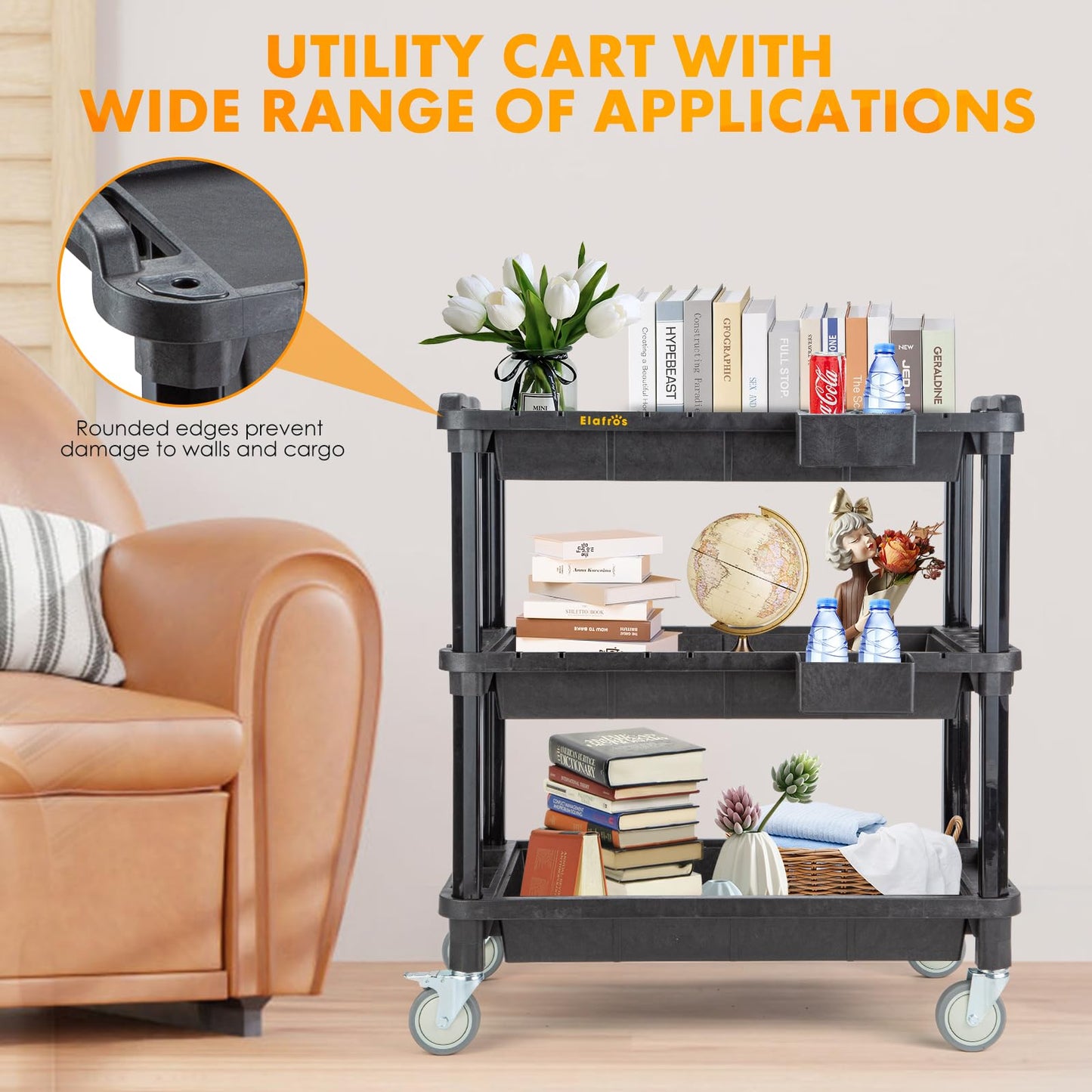 ELAFROS Multi-Use Utility Cart - 32.4x18.3 Heavy-Duty Service Cart with 3 Deep Shelves, Industrial-Grade Tool Cart Mobile Organizer, Rolling cart Holds up to 500 lbs, Black