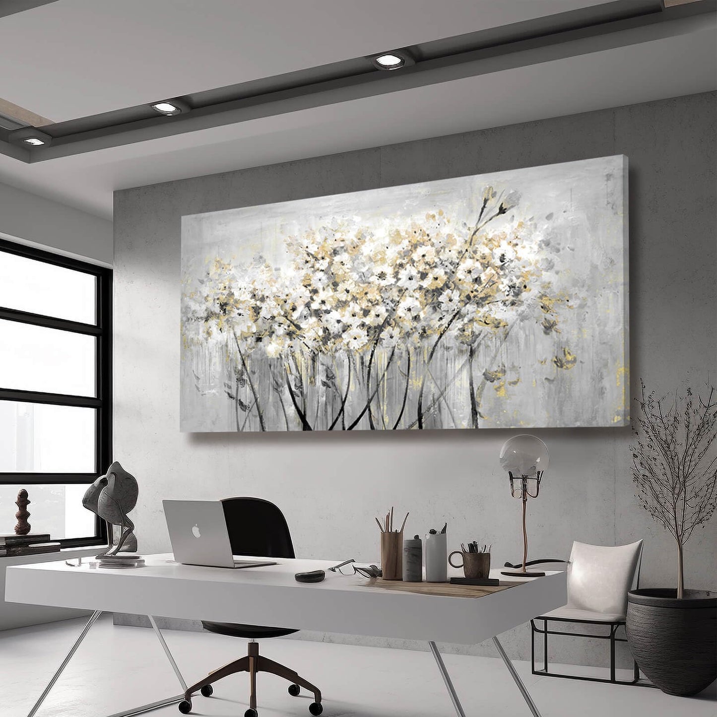 Flowers Canvas Wall Art White Paintings Grey Gold Contemporary Artwork Master Bedroom Wall Decor 29"x 58" Large Framed Art for Living Room Office Home Decor