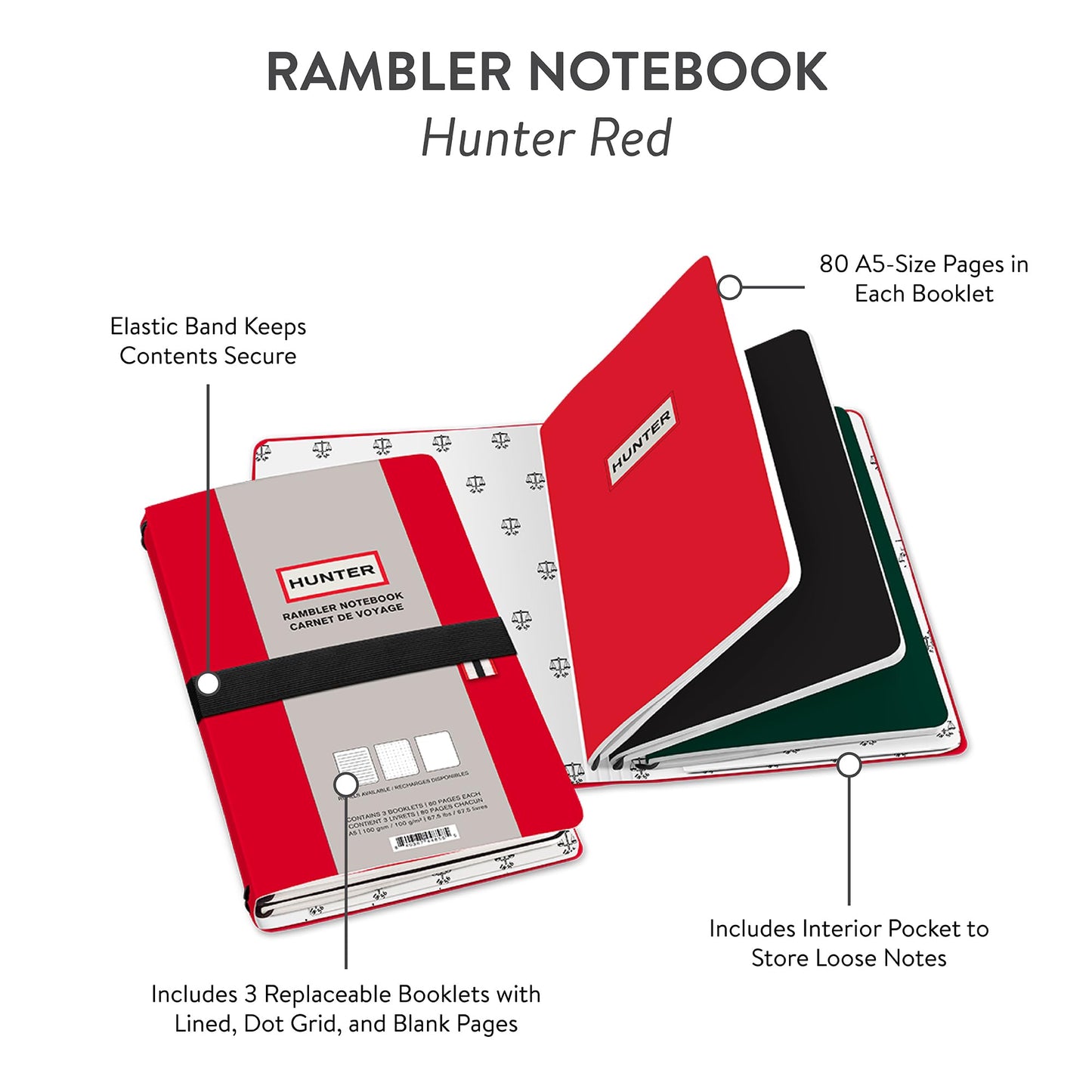 Hunter - Rambler Refillable Notebook, 8.6” X 6” Book with 3 A5 Booklets, 80 Pages Each of Lined Paper, Dot Grid, & Blank Pages for Drawing or Journaling, Elastic Band & Inside Pocket, Hunter Red