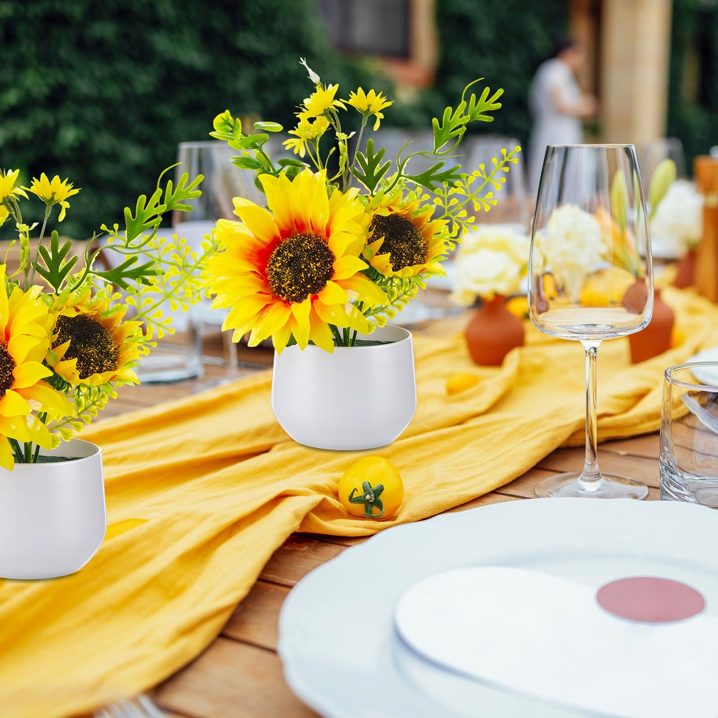Zeyune 4 Pcs Sunflower Potted Plants Rustic Summer Spring Kitchen Wedding Table Centerpieces Silk Yellow Fake Flower with Plastic Pot for Home Bathroom Office (Classic,Sunflower)