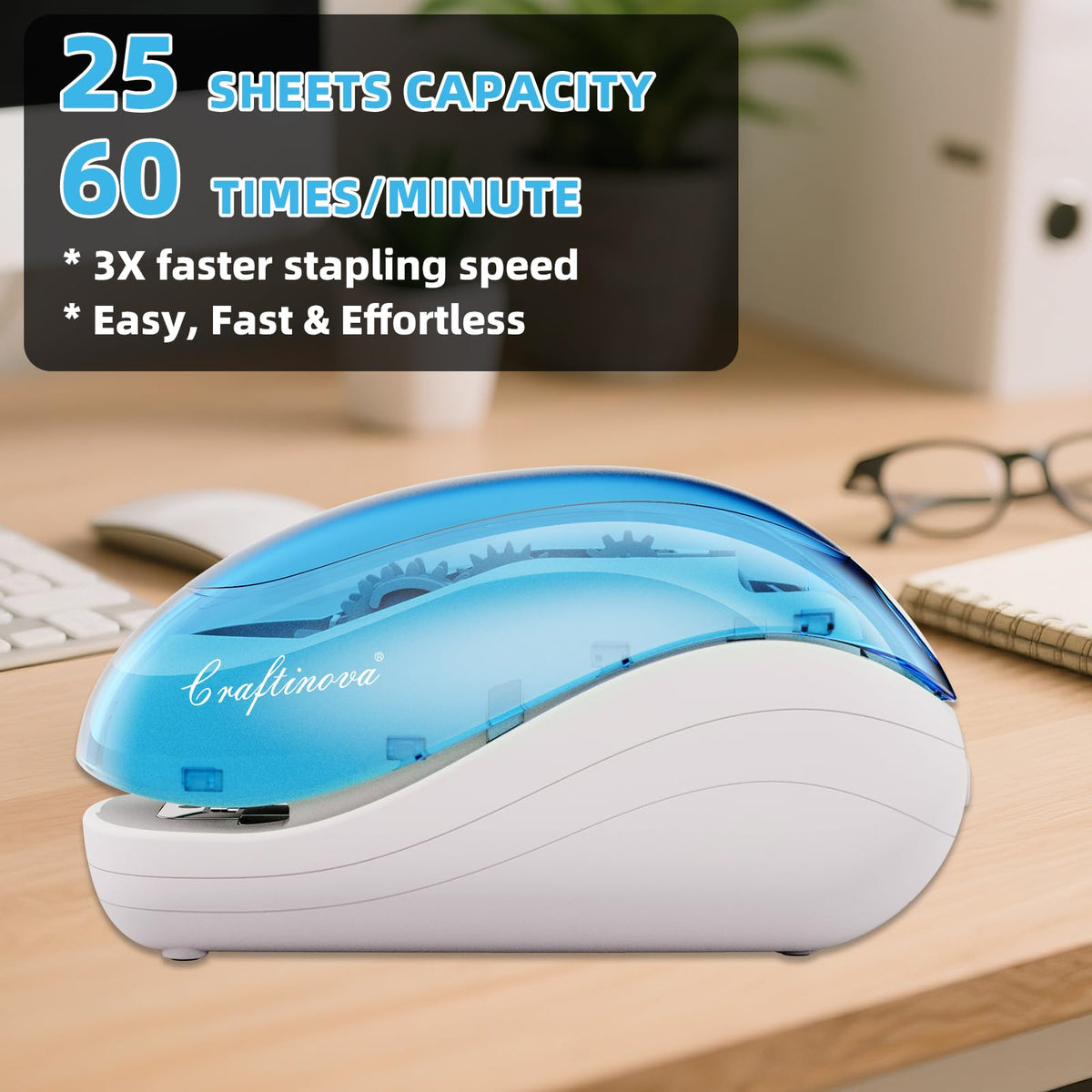 Craftinova Electric Stapler,Including 2000 Staples and 1 Staple Remover, Suitable for Palm Size and high Comfort，25 Sheet Capacity, AC Adapter or Battery Powered，Battery not Included