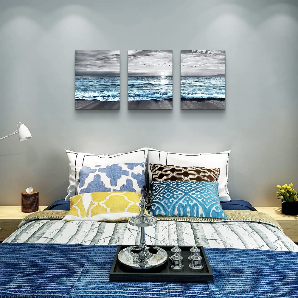 DZRWUBHS Wall Decorations For 3 Piece Framed Canvas Art Bedroom Office Decor Black &White Painting Blue Ocean Sea Wave Pictures Artwork Modern Beach Posters Home Decor,Blue Ocean Landscape Paintings
