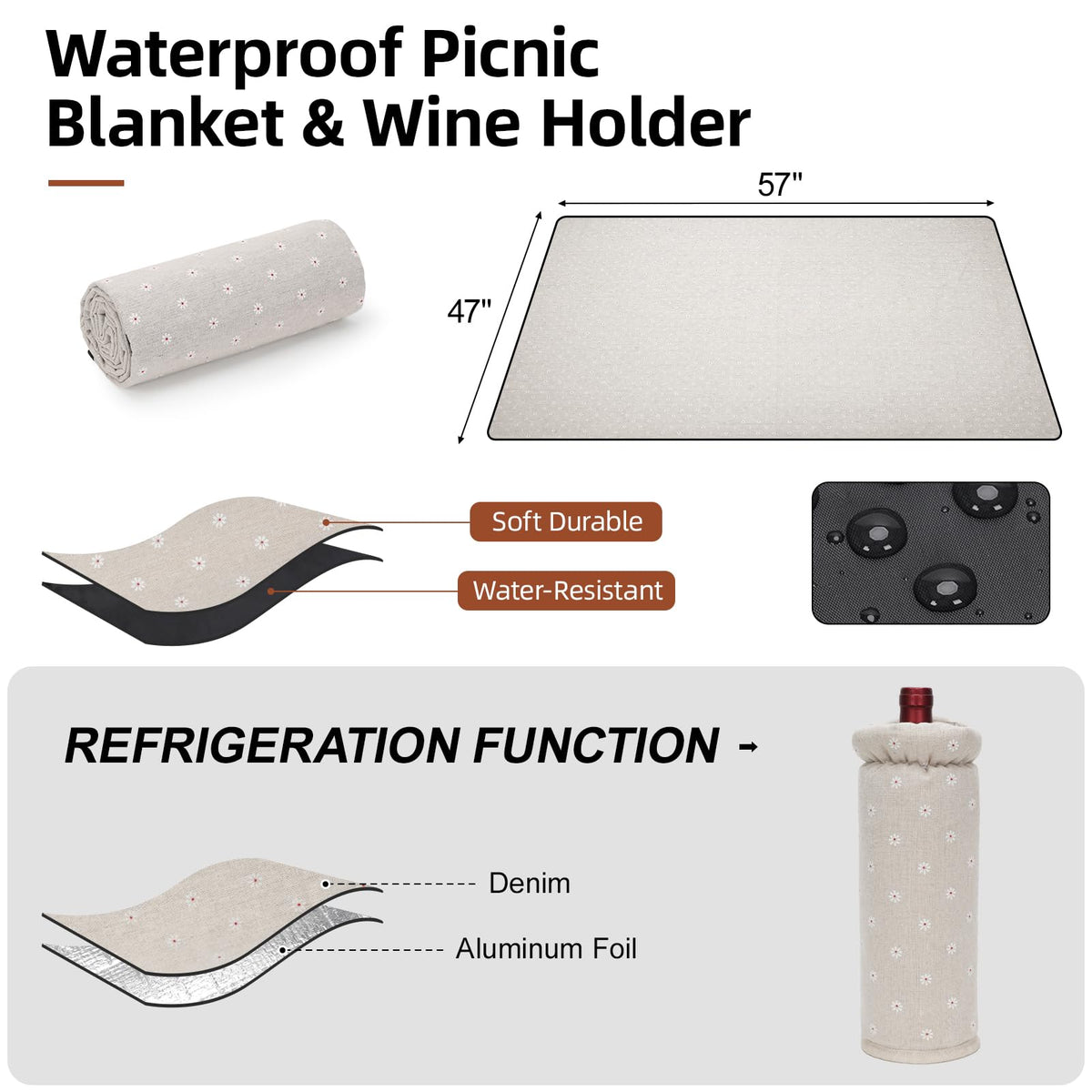 G GOOD GAIN Picnic Basket for 2-19Pcs Wicker Picnic Set with Waterproof Blanket & Wine Bag| Large Picnic Hamper with Insulated Cooler & Cutlery Kit for Couples Camping,White Flower