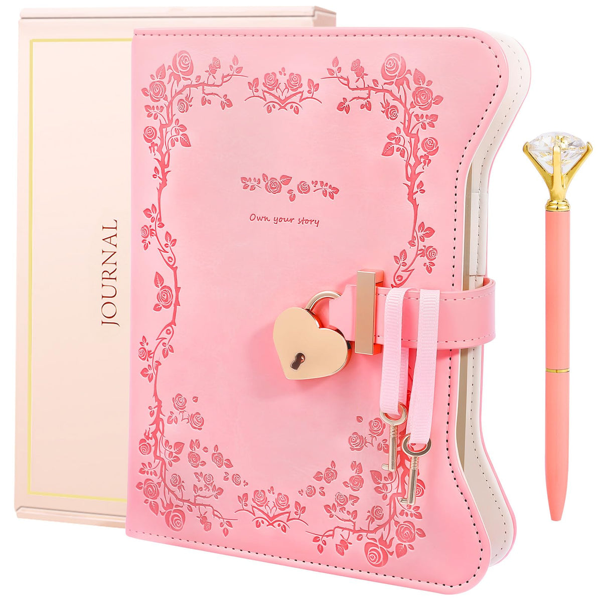 BSRBAOZY Diary with Lock and Key for Girls & Women, Heart-Shaped Locking Journal Gift Set with Diamond Pen, 360 Gilded Pages A5 Faux Leather Secret Writing Notebook for Teens Age 8-14(Garden Pink)