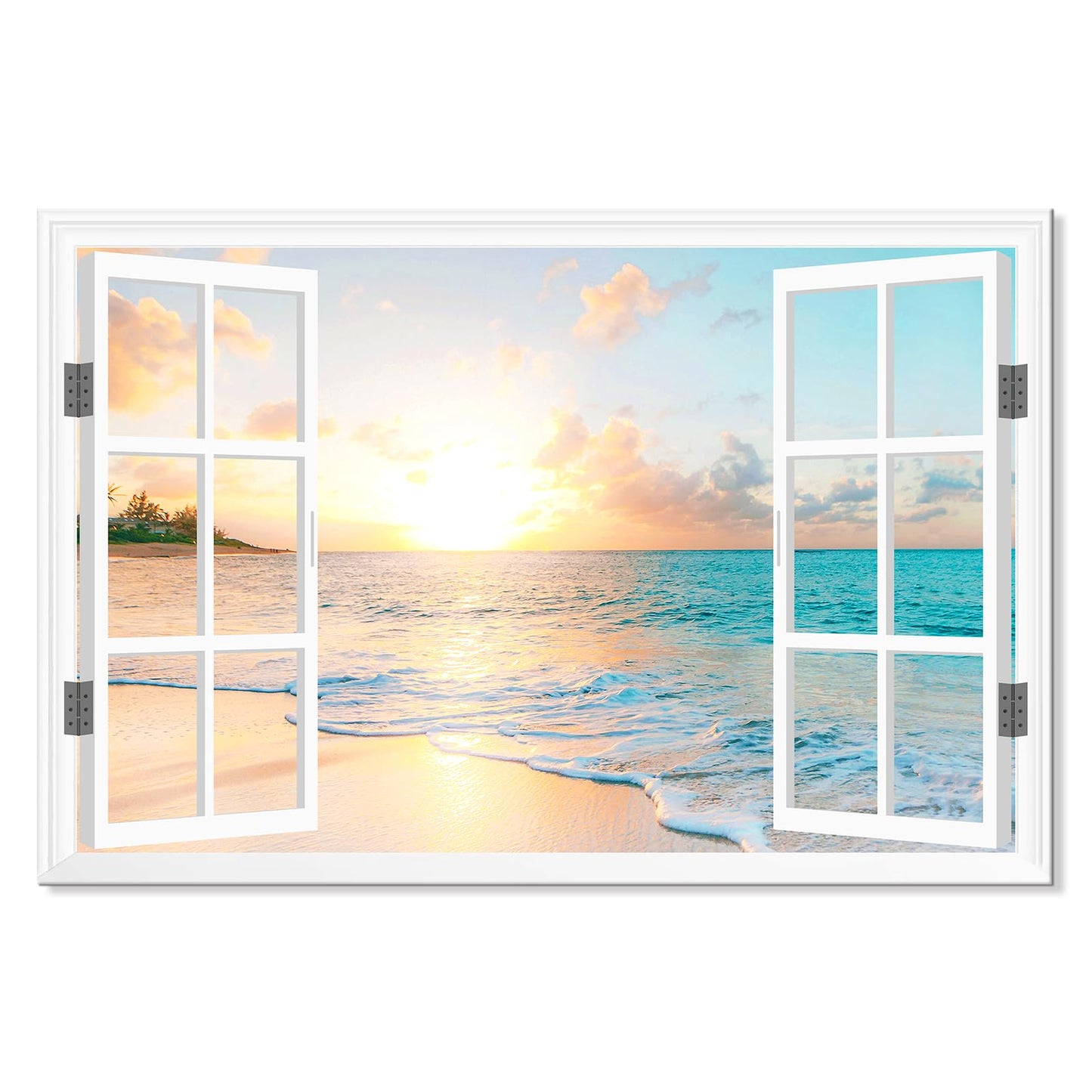 Goldfoilart Ocean Beach Sunset Canvas Wall Art for Bedroom Window Pictures Seagull Seascape Paintings Coastal Picture Framed Artwork for Bathroom Living Room Office Decor 36" x 24"