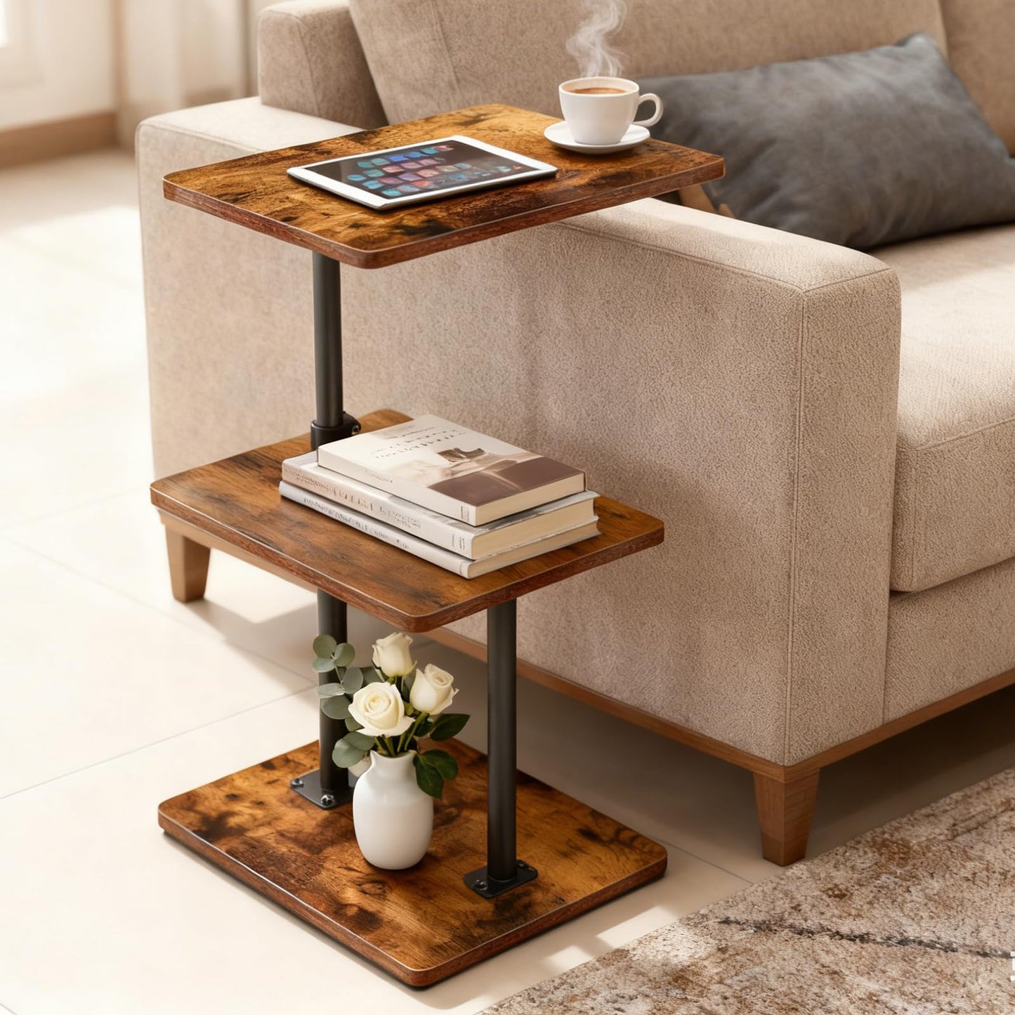 LAIDUOLEOE Swivel Side Table for Couch, 3 Tier Small End Table Adjustable Height with Rotatable Tray, Space Saving Nightstand with Storage Shelf for Living Room, Bedroom, Small Spaces