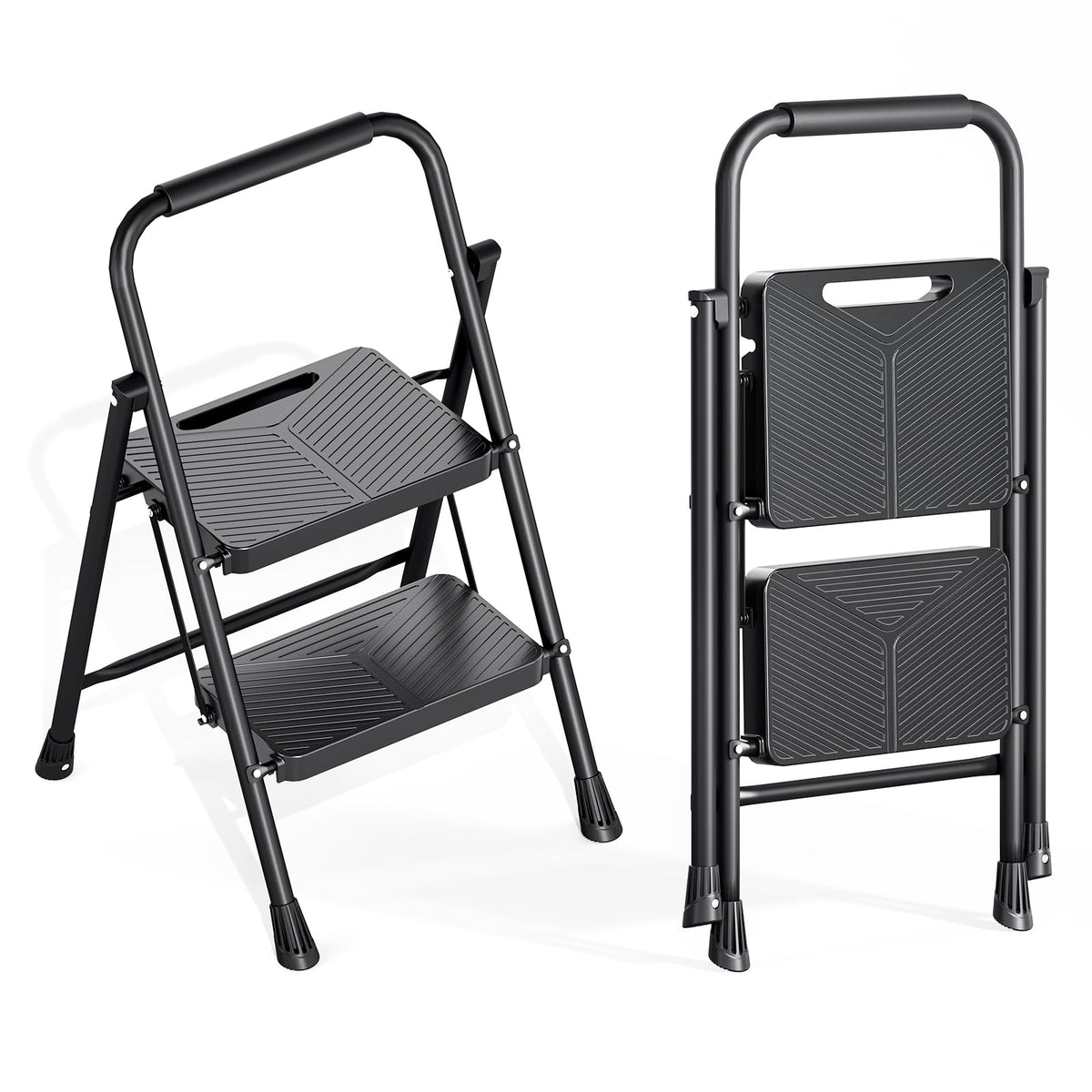 KINGRACK 2 Step Ladder, Folding Step Stool with Handrail, Safe-Lock Design and Wide Anti-Slip Pedals, 500 lbs Capacity Sturdy Steel Ladder for Home and Kitchen, Black