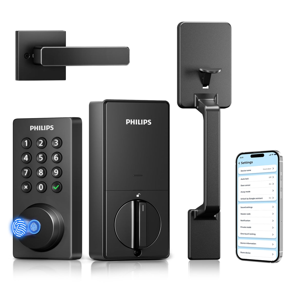 Philips Wi-Fi Smart Door Lock with Handle Set, Keypad Deadbolt for Front Door, Fingerprint Keyless Entry Door Lock with App Remote Control, IP53 Waterproof, Auto Lock, Security Easy Installation