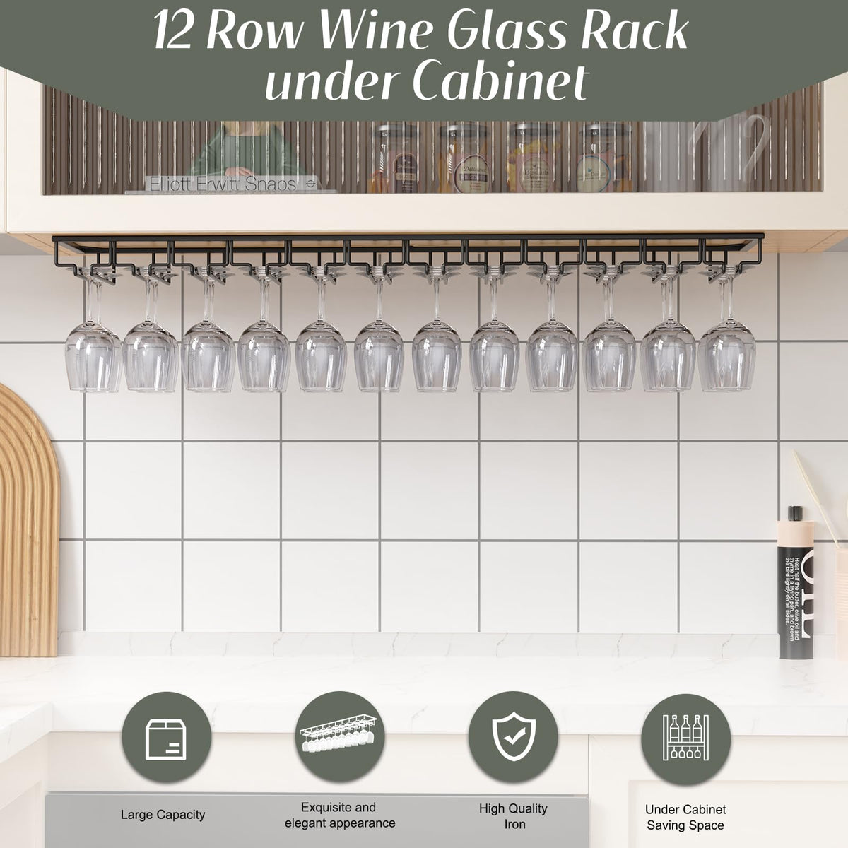 Xverycan Wine Glass Rack Under Cabinet, 12 Row Extreme Large Stemware Hanger, Metal Wine Goblet Holder, DIY Bar Glass Storage Rack for Bar Counter, Kitchen, Screws Included