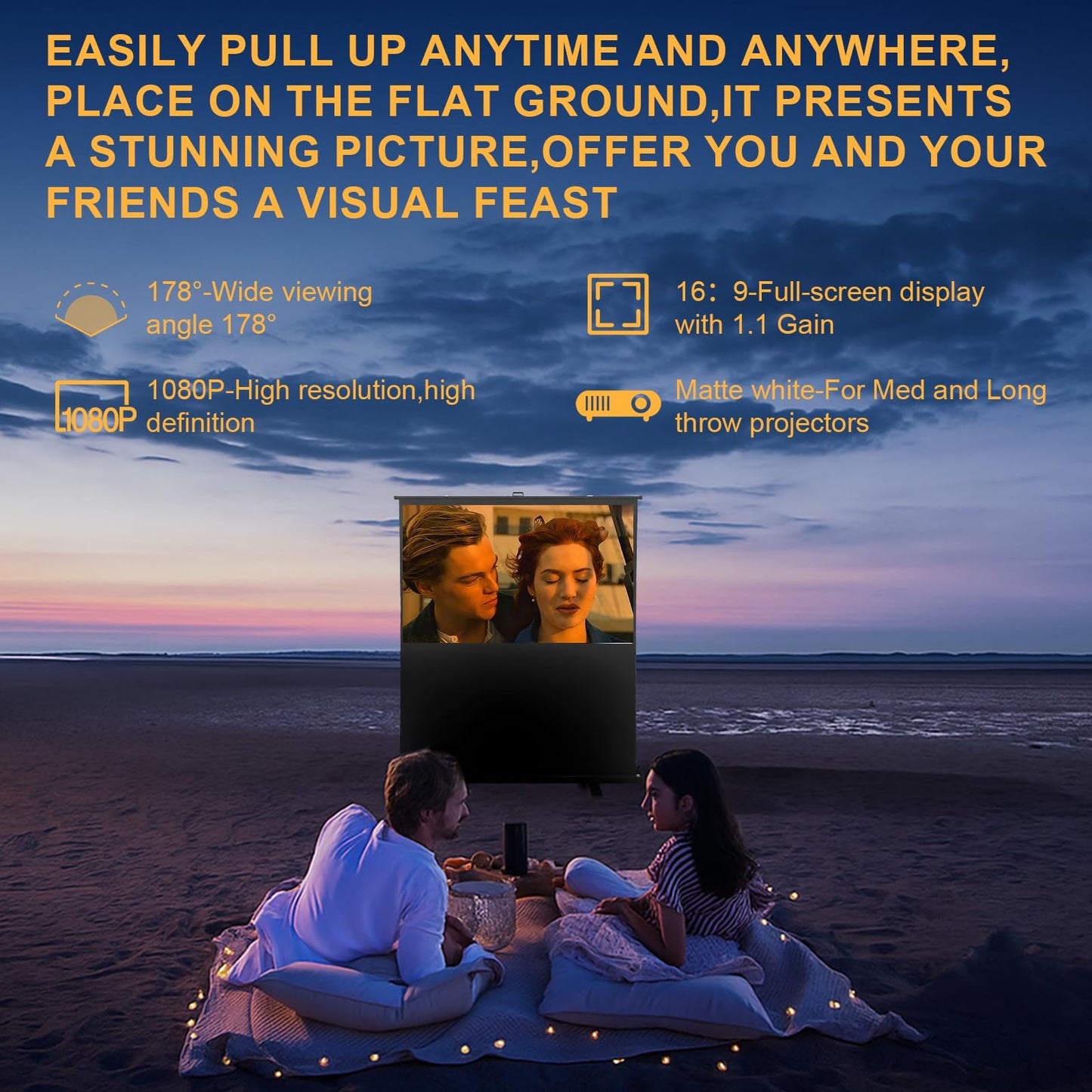 LIHONG Screen 100 inch 16:9 Portable Manual Pull Up Floor Rising Projector Screen Indoor & Outdoor HD Matte White for Long Standard Projection Fast Setup for Home Theater Movies,Classroom,Office