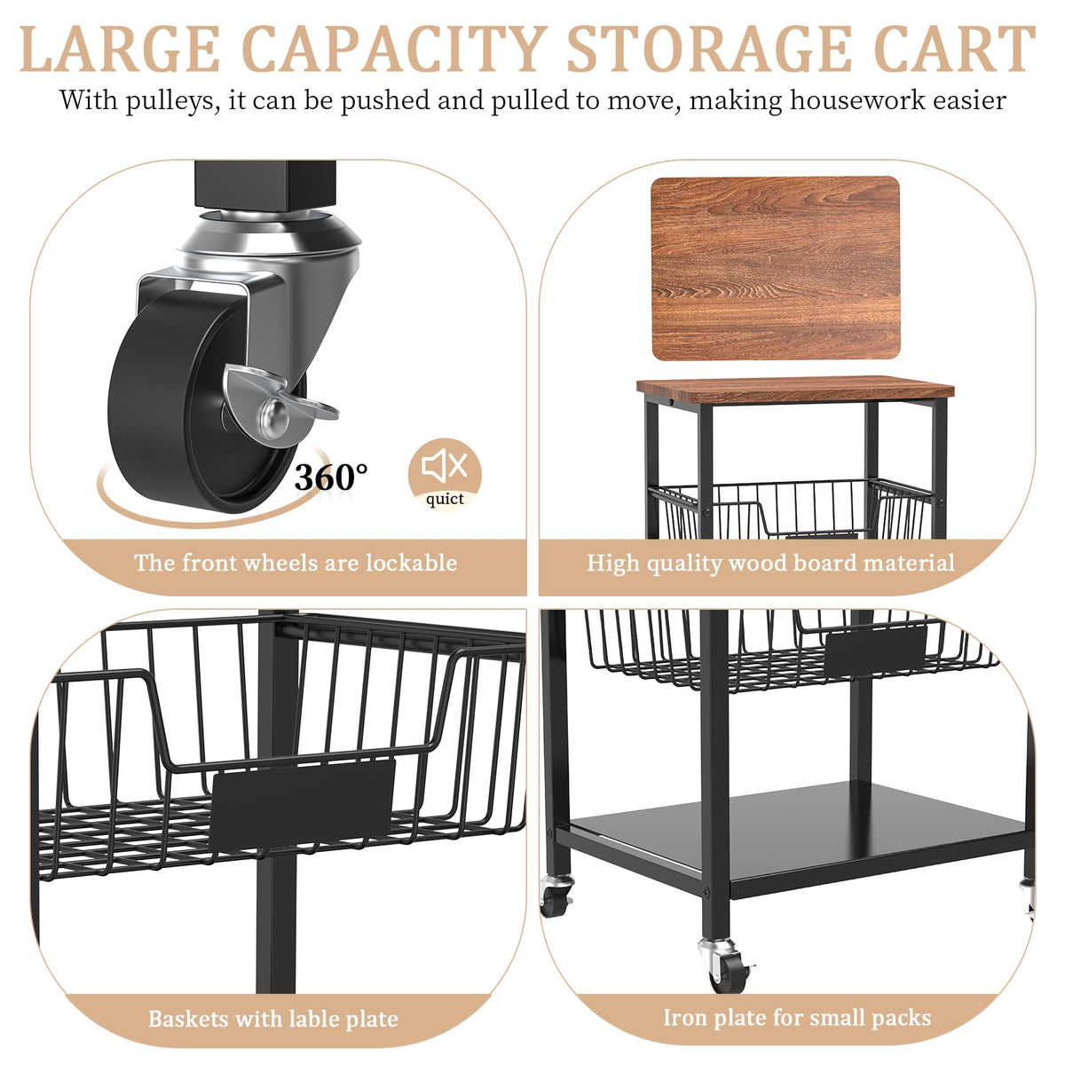 Hastatii Kitchen Storage Cart, Kitchen Basket, 5-Tier Utility Organizer with Baskets and Wood Top, Rolling Snack Cart with Wheels, Metal Black