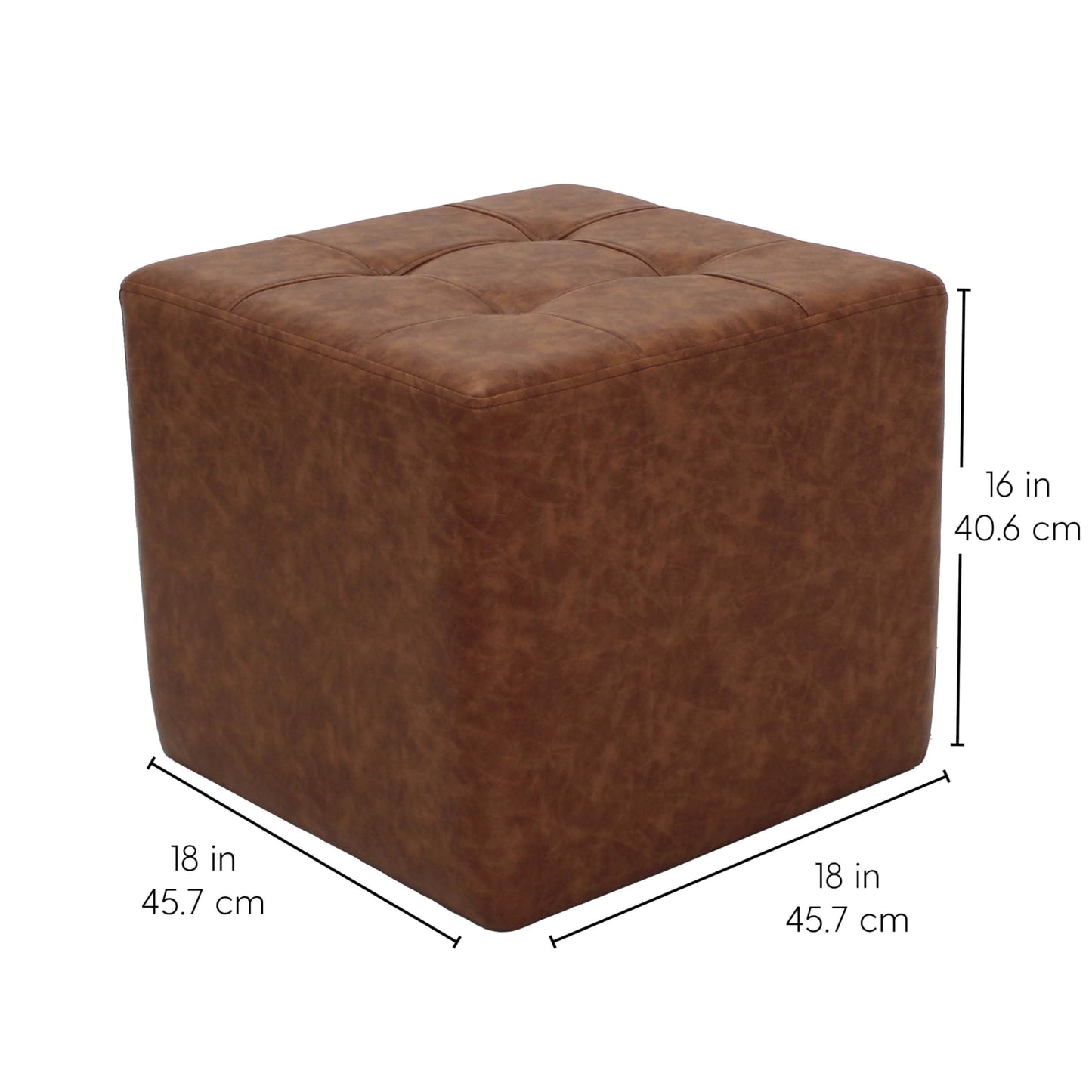 Factory Direct Partners Tufted Square Accent Ottoman; Distressed Faux Leather, Hand Upholstered Commercial-Grade Furniture for Home or Office; Seating, Footstool, Side Table Use - Hazelnut, 13381-322